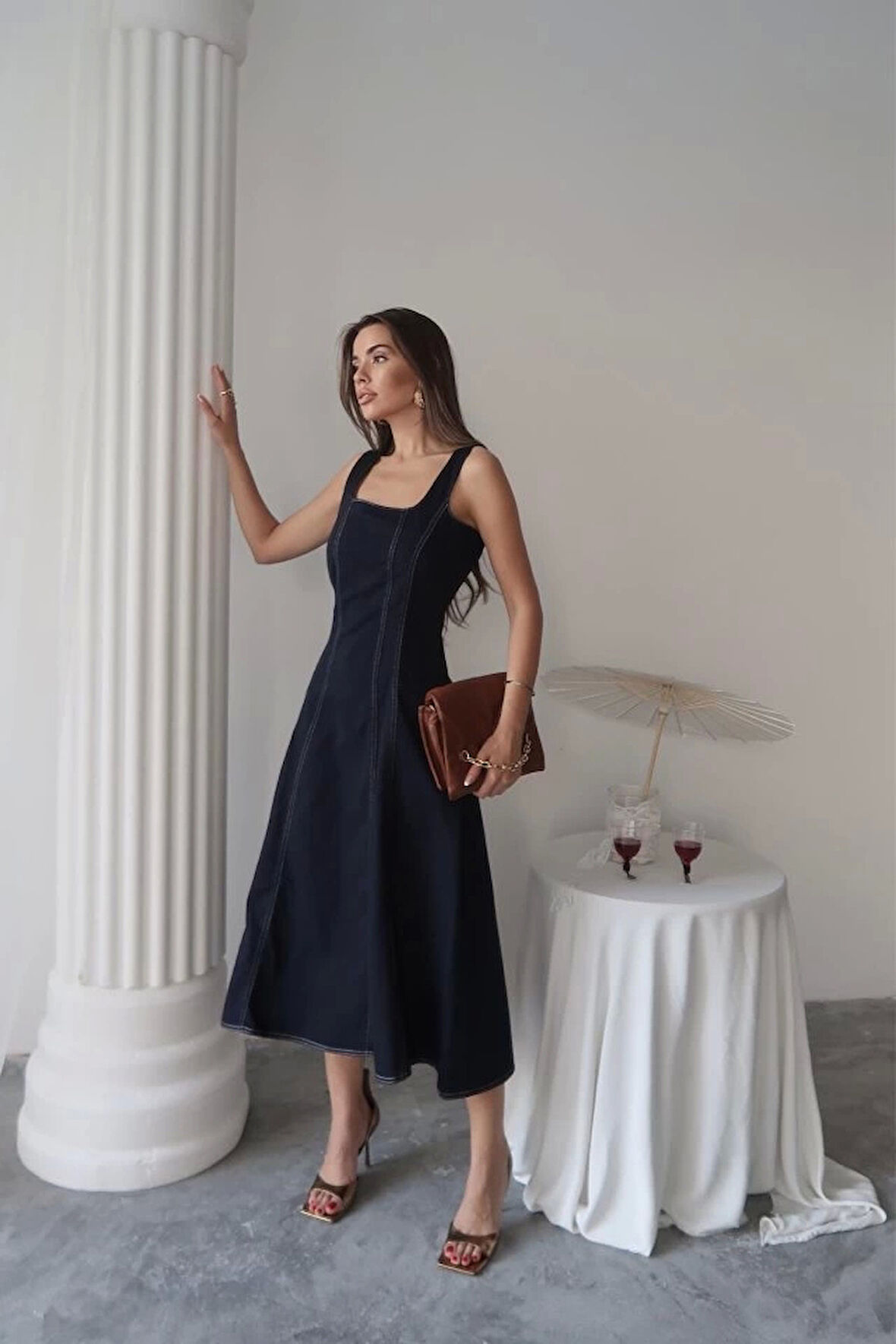 Lacivert Çift Dikişli Gabardin Elbise