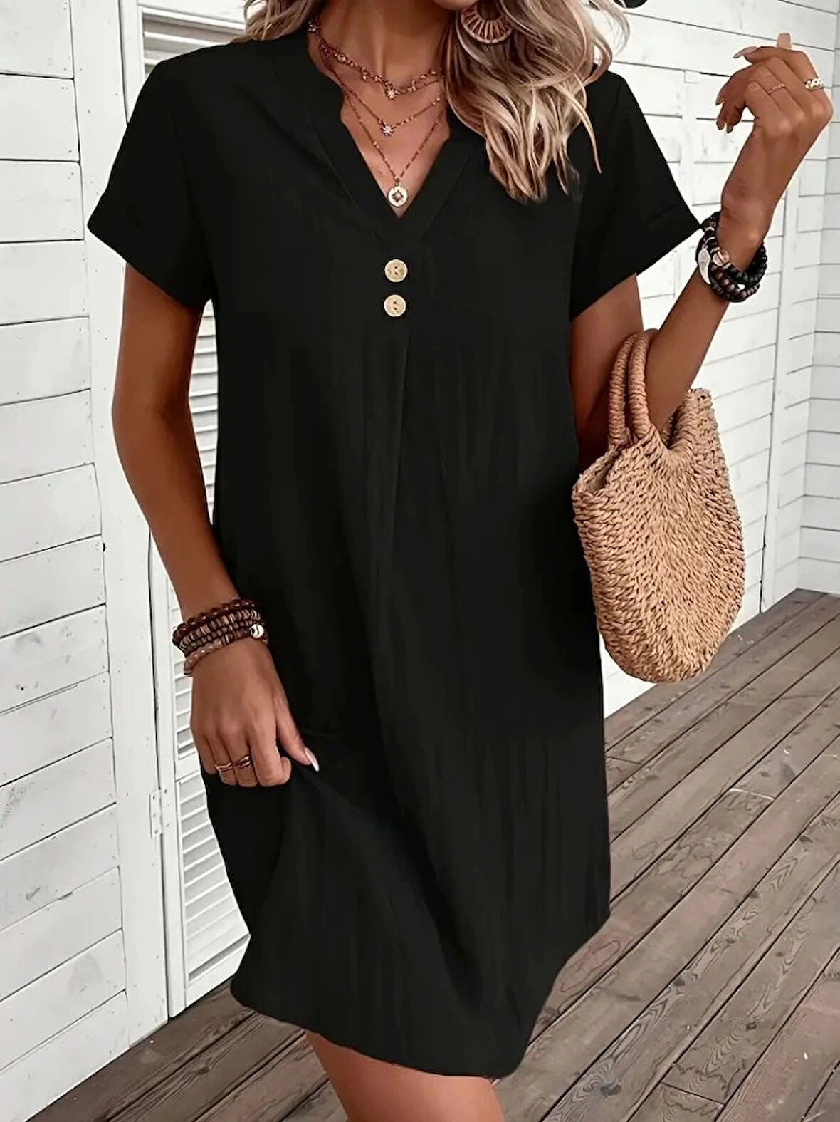 Kadın Kısa Kollu V Yakalı Düğmeli Müslim Kısa Elbise