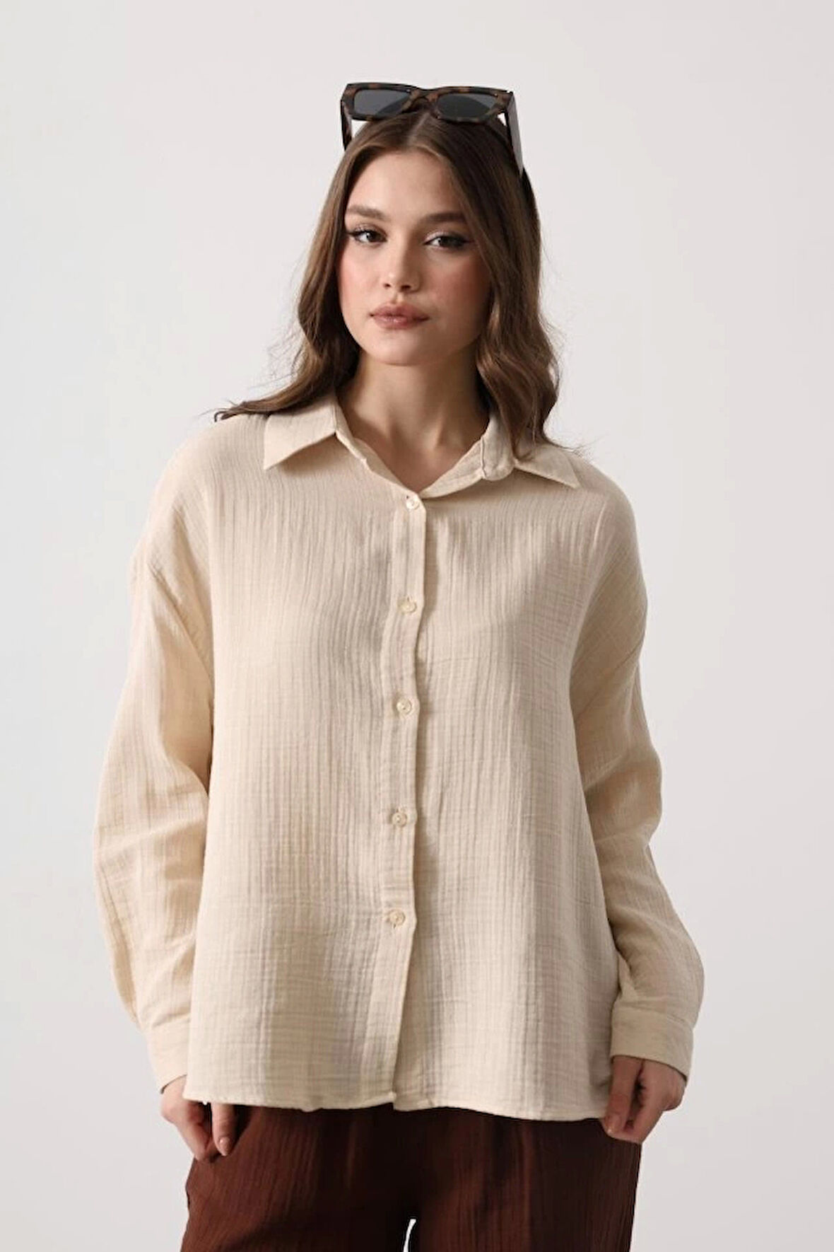 Müslin Uzun Kol Gömlek - Bej
