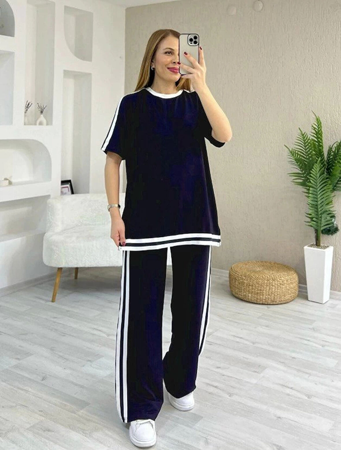 Kadın Kısa Kollu Bisiklet Yaka çift Renk şerit Detaylı Viskon Iki Iplik Bluz Ve Pantolon Ikili Takım