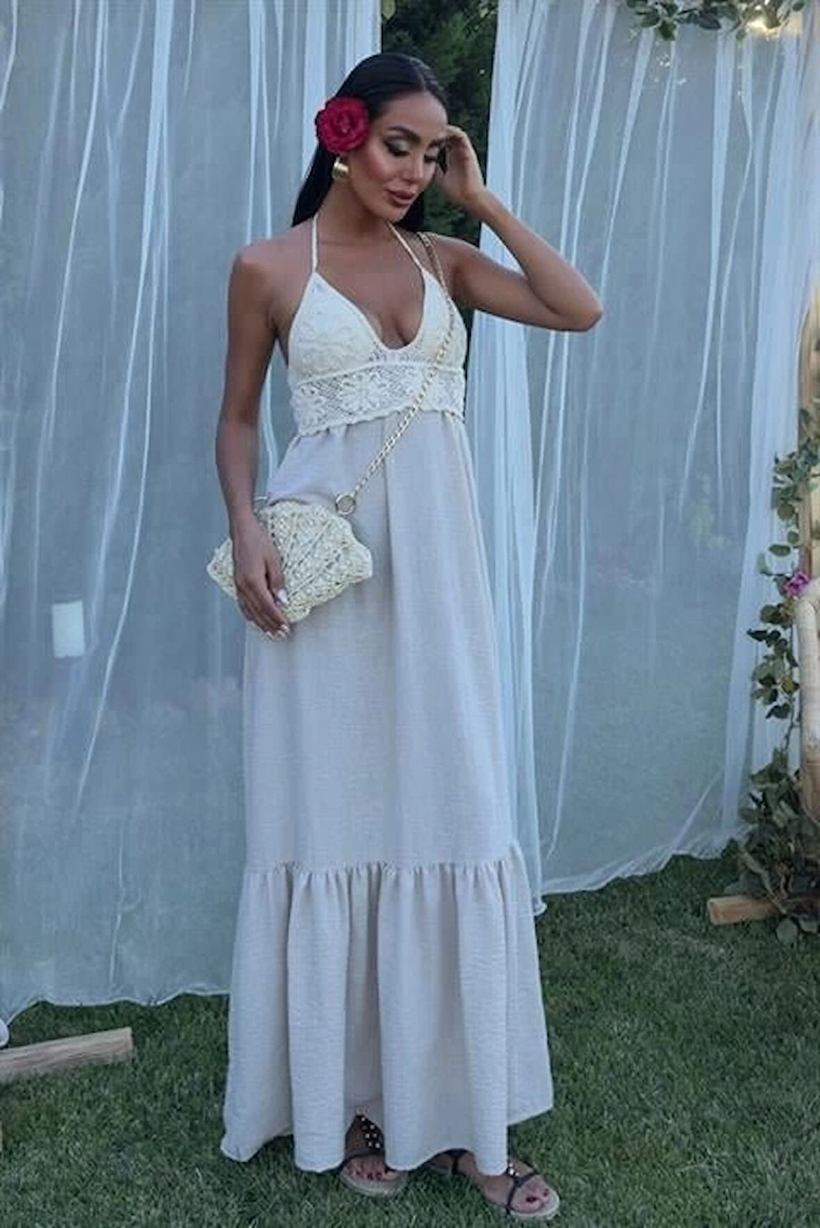 Göğsü Trikolu Keten Uzun Elbise 2904-08