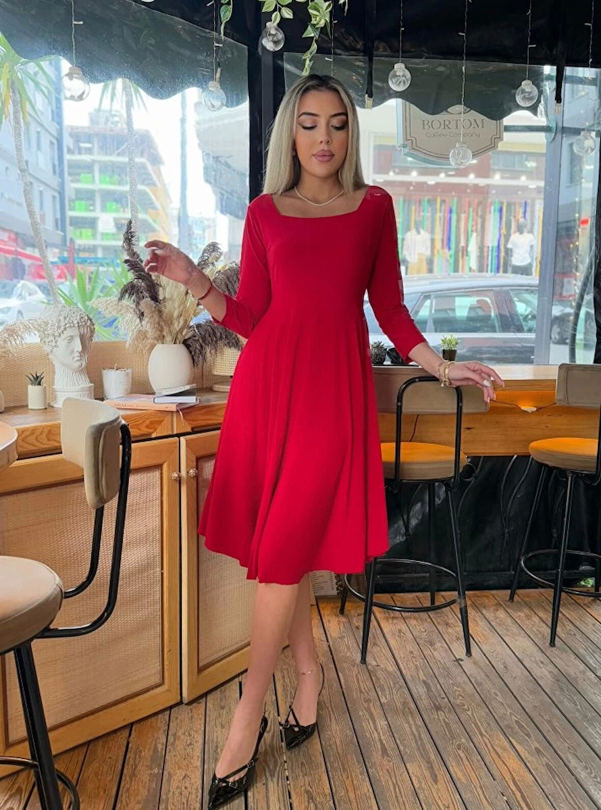 Kadın Kare Yaka Fakir Kol Fırsat ürün Midi Boy Elbise