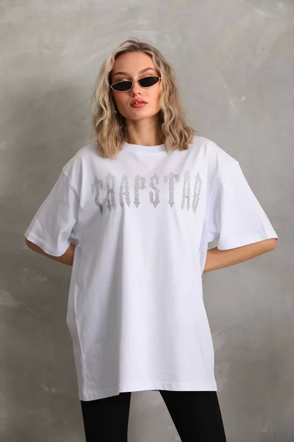 Unisex Taş Desenli Oversize T-Shirt - Beyaz