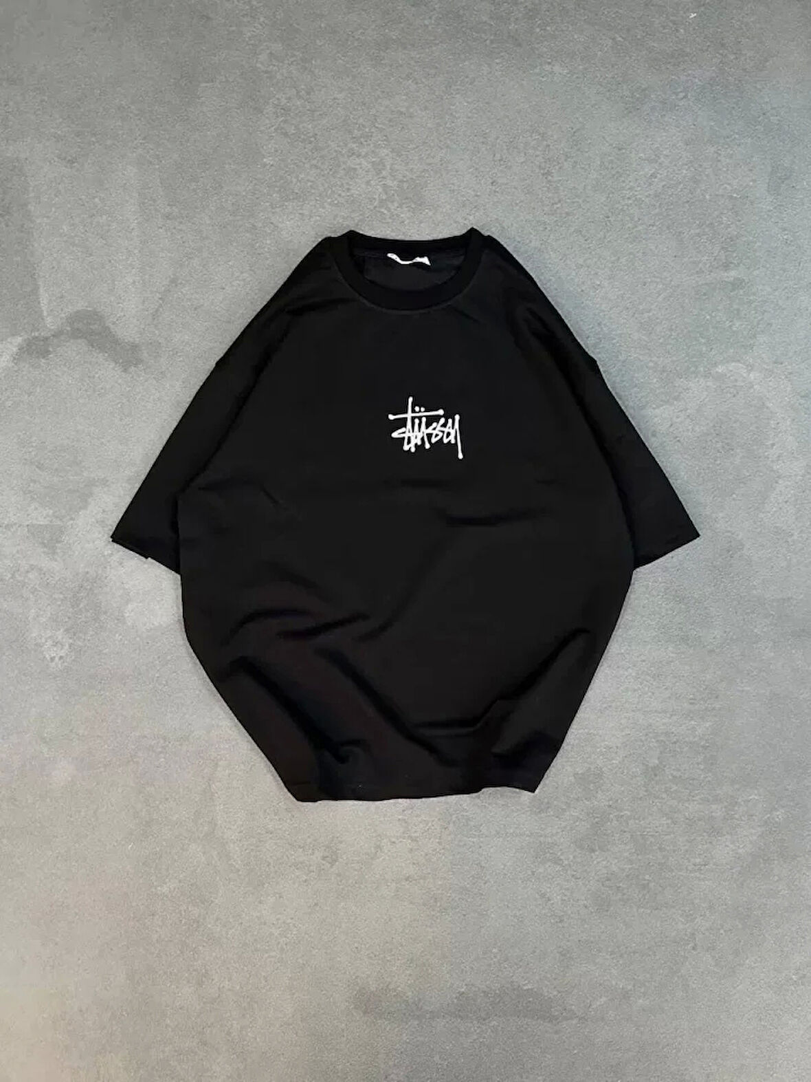 Unisex Bisiklet Yaka Baskılı Oversize T-Shirt - Siyah