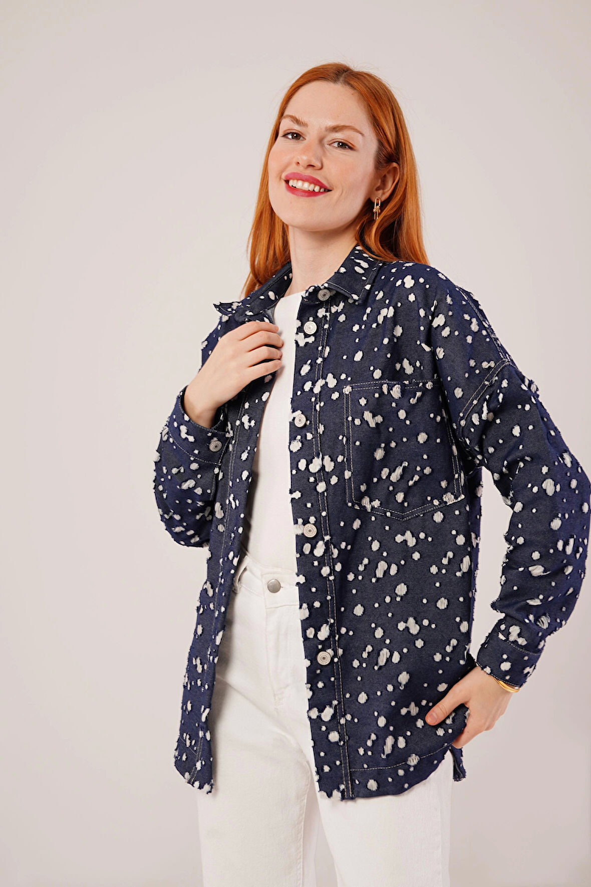 Eskitme Görünümlü Denim Mavi Gömlek