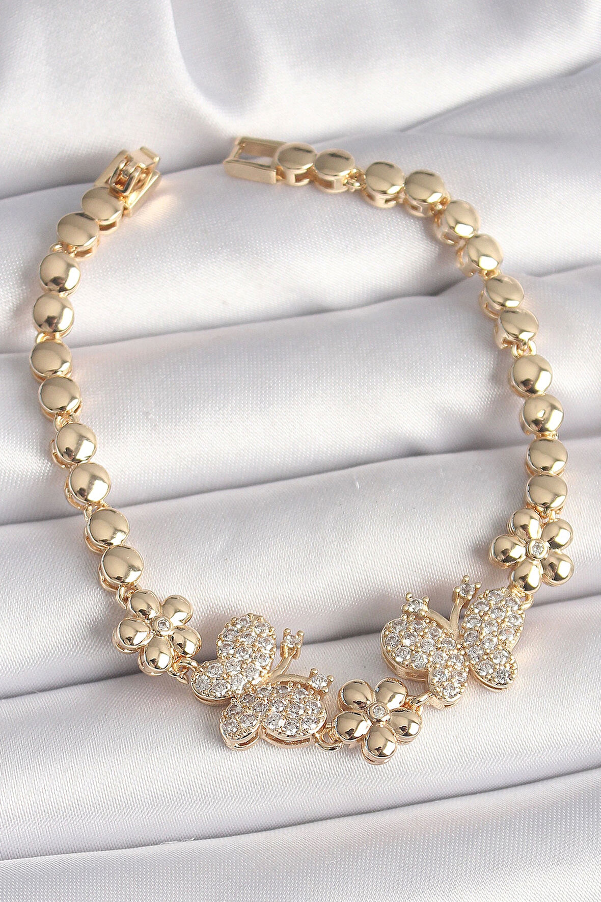 Pirinç Gold Renk Zirkon Taşlı Kelebek Figür Çiçek Zincir Model Kadın Bileklik