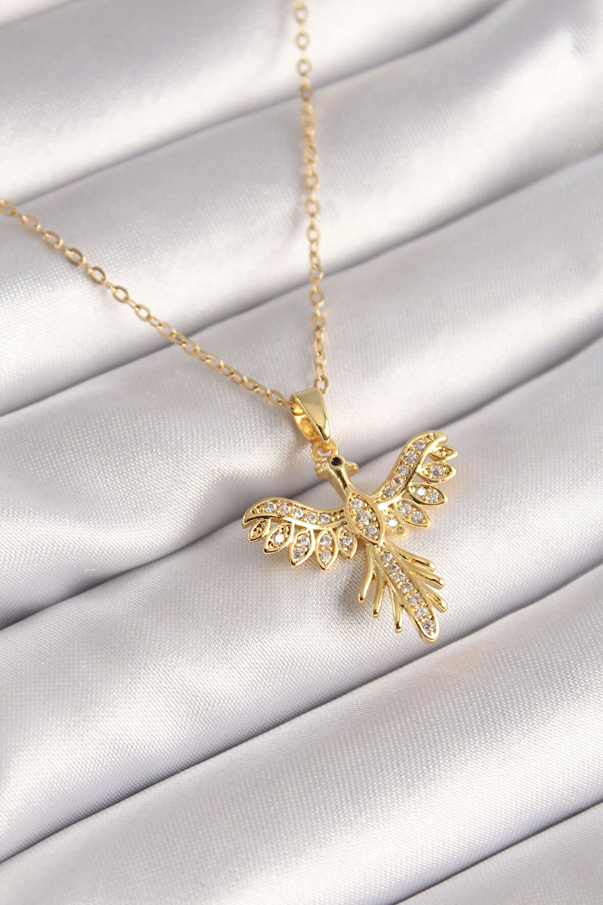 316L Çelik Gold Renk Zincir Zirkon Taşlı Kuş Model Kadın Kolye