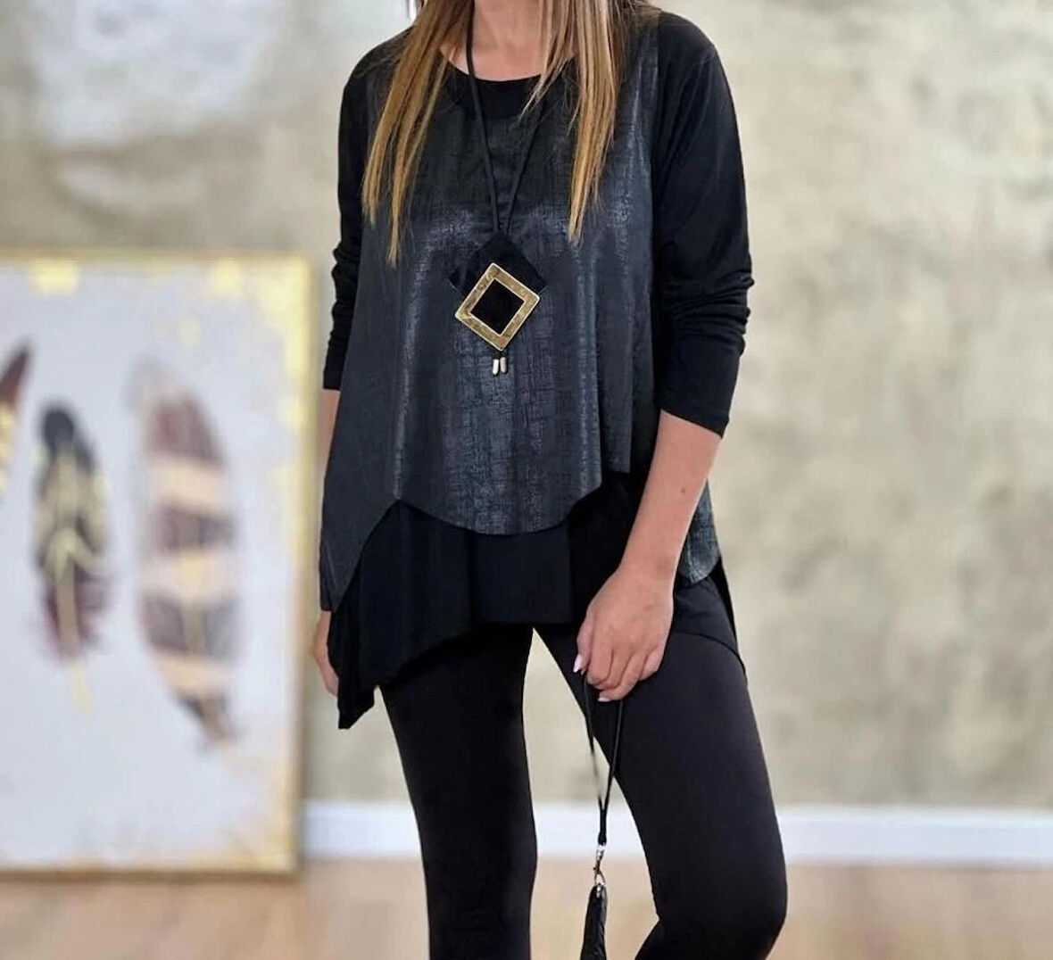 Kadın Siyah Deri Yelekli Kolye Dahil üçlü Takım