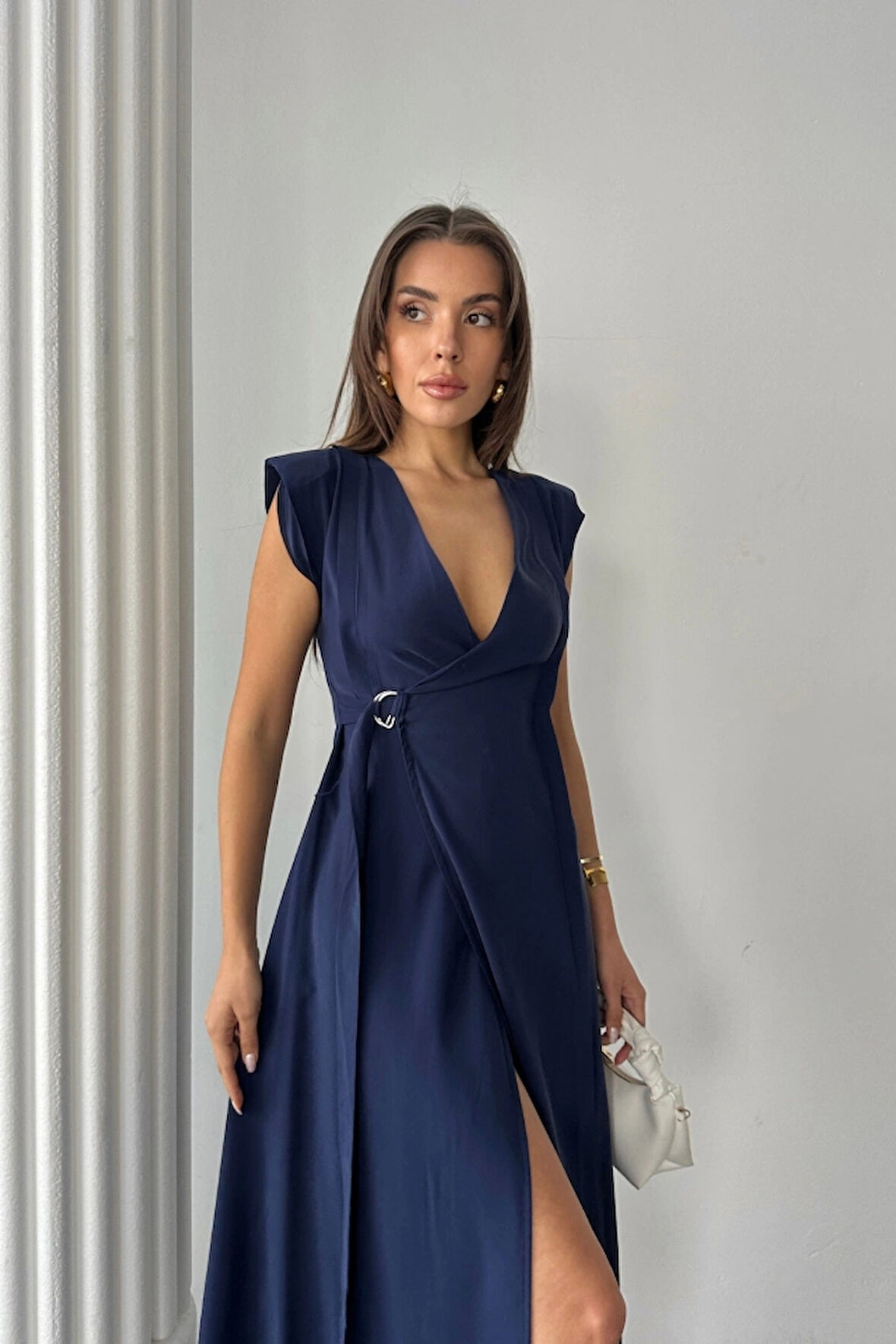 KRUVAZE VATKALI KOLSUZ ELBİSE MODAL KUMAŞ - Lacivert