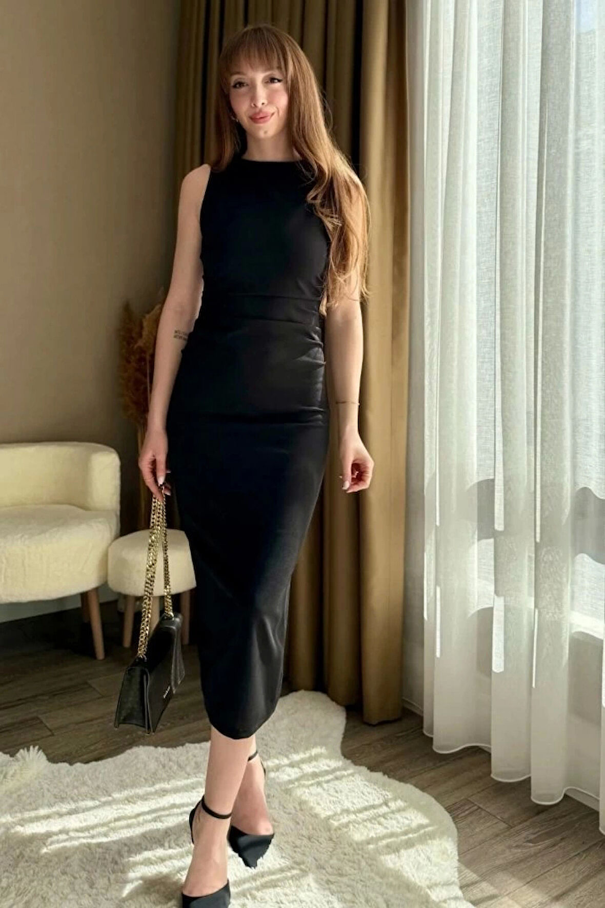 Kadın Sıfır Kol Sıfır Yaka Drape Detaylı Midi Janjan Krep Elbise