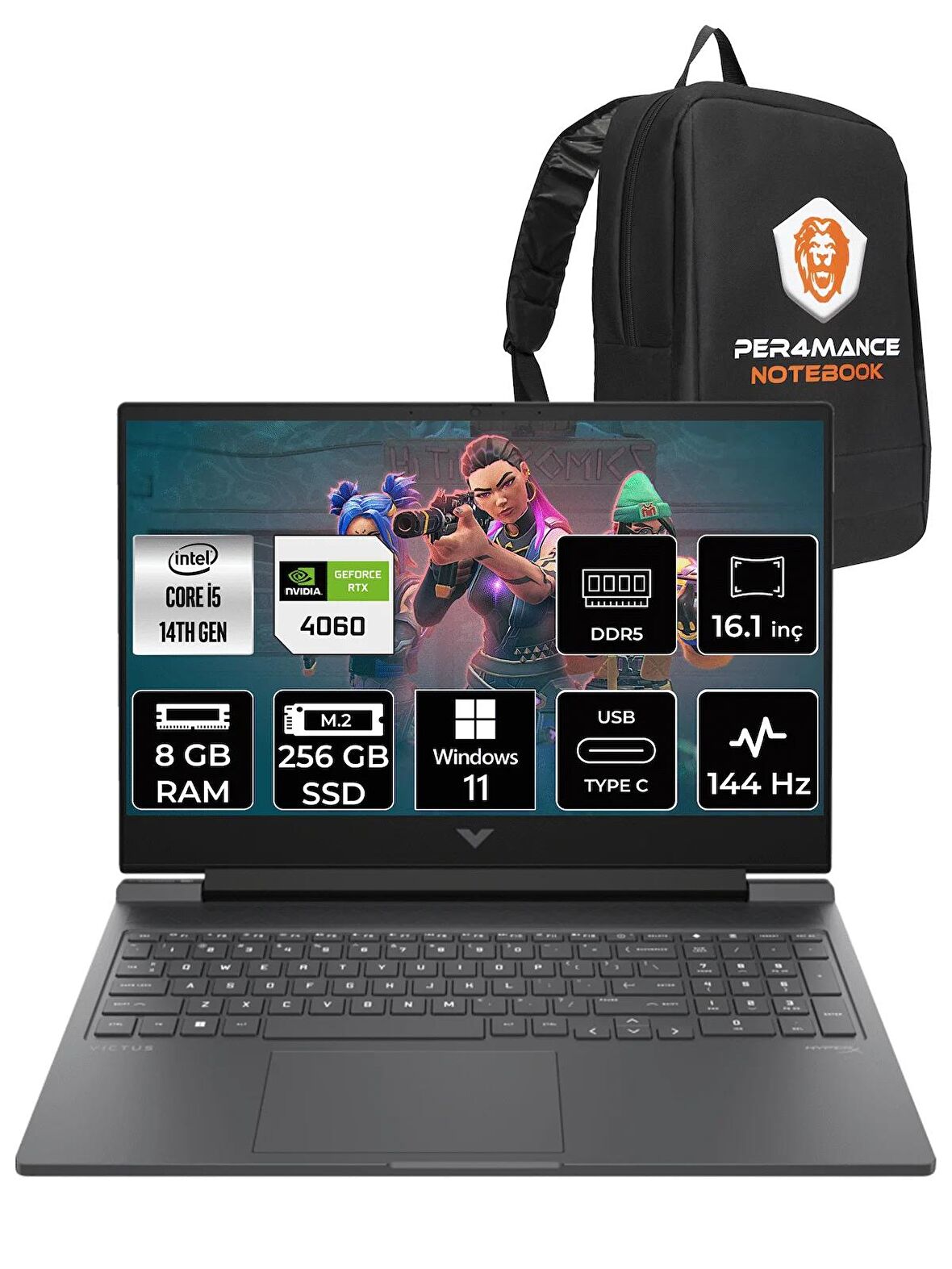 HP VİCTUS 16  i5-14500HX 8GB RAM 256GB SSD RTX4060/8GB 144Hz 16.1 FHD W11HOME 9J238EA & PER4 ÇANTA