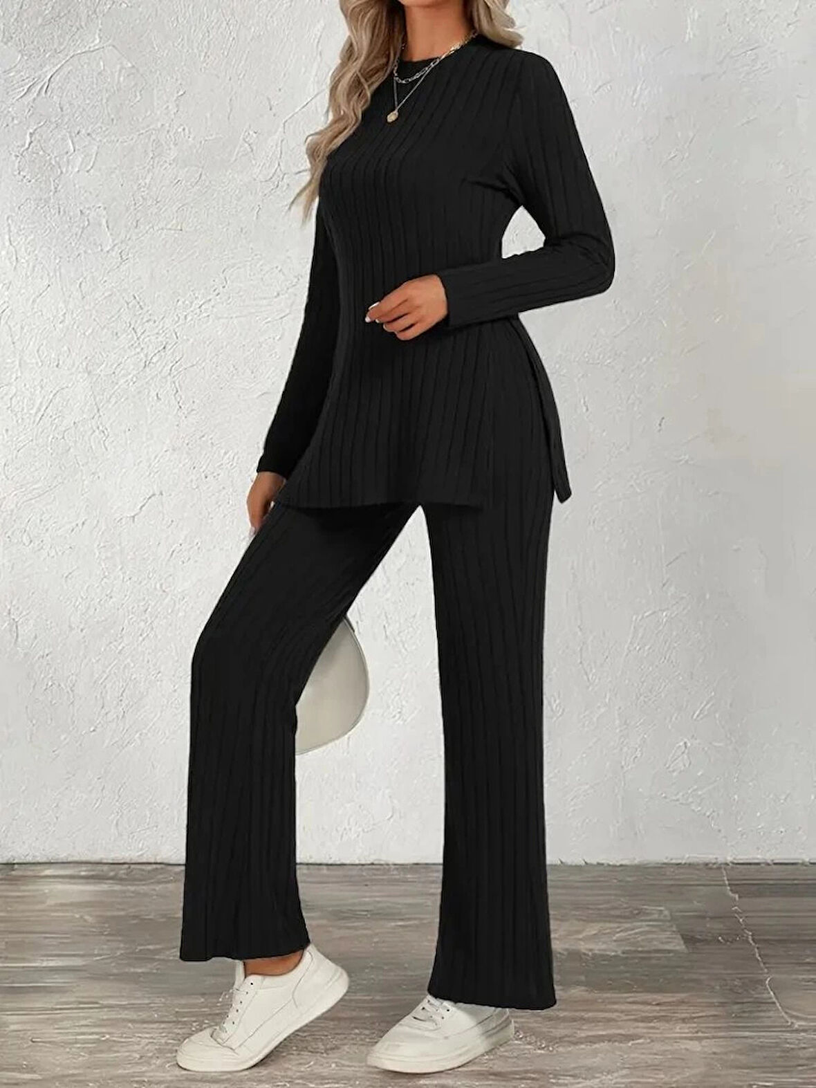 Kadın Uzun Kollu Bisiklet Yaka Yandan Yırtmaçlı şardonlu Kaşkorse Bluz Ve Pantolon Ikili Takım