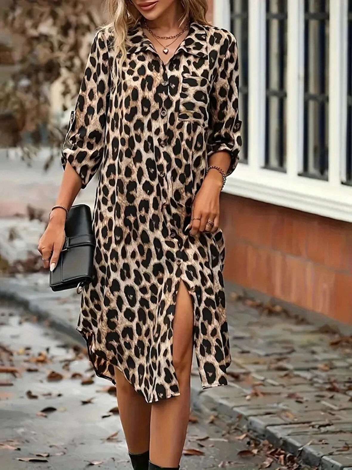 Kadın Uzun Kollu Yakalı önden Düğmeli Leopar Desenli Modal Midi Elbise