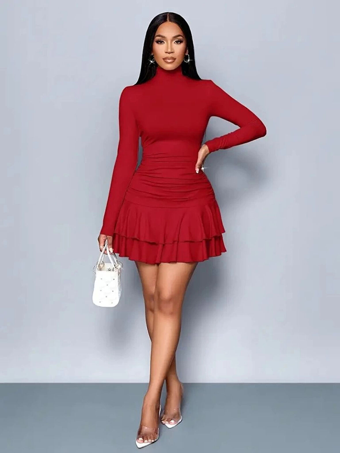 Kadın Uzun Kollu Balıkçı Yaka Mini Fırfırlı Sandy Elbise