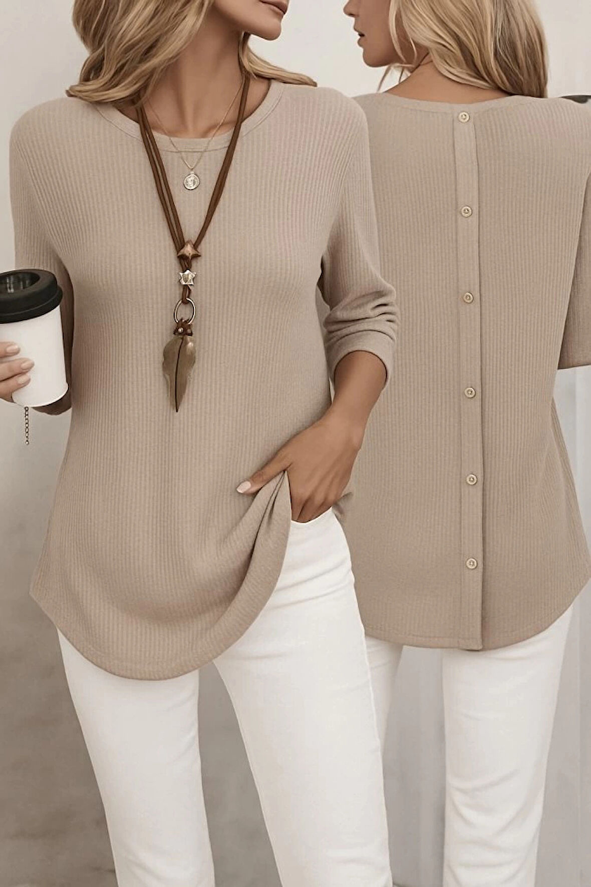 Kadın Uzun Kollu Yuvarlak Yaka Arkadan Düğmeli Waffle Bluz