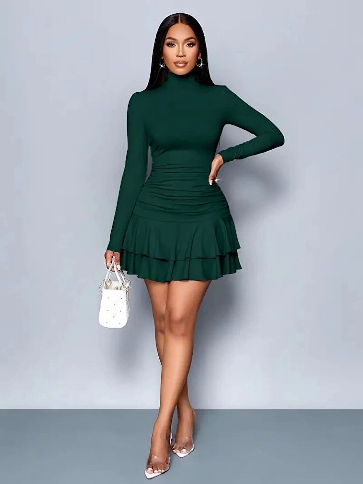 Kadın Uzun Kollu Balıkçı Yaka Mini Fırfırlı Sandy Elbise