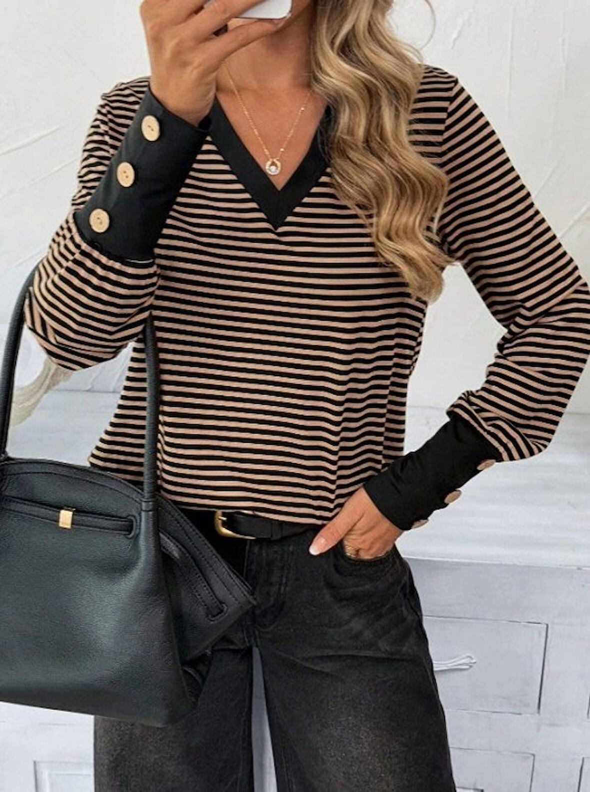 Kadın Uzun Kollu V Yakalı Desenli Süprem Bluz