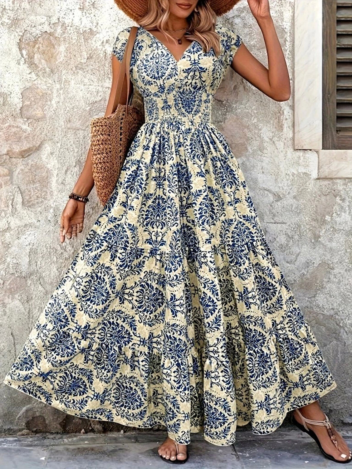 Kadın Kısa Kollu Kruvaze Yaka Beli Lastikli Süprem Maksi Boy Elbise