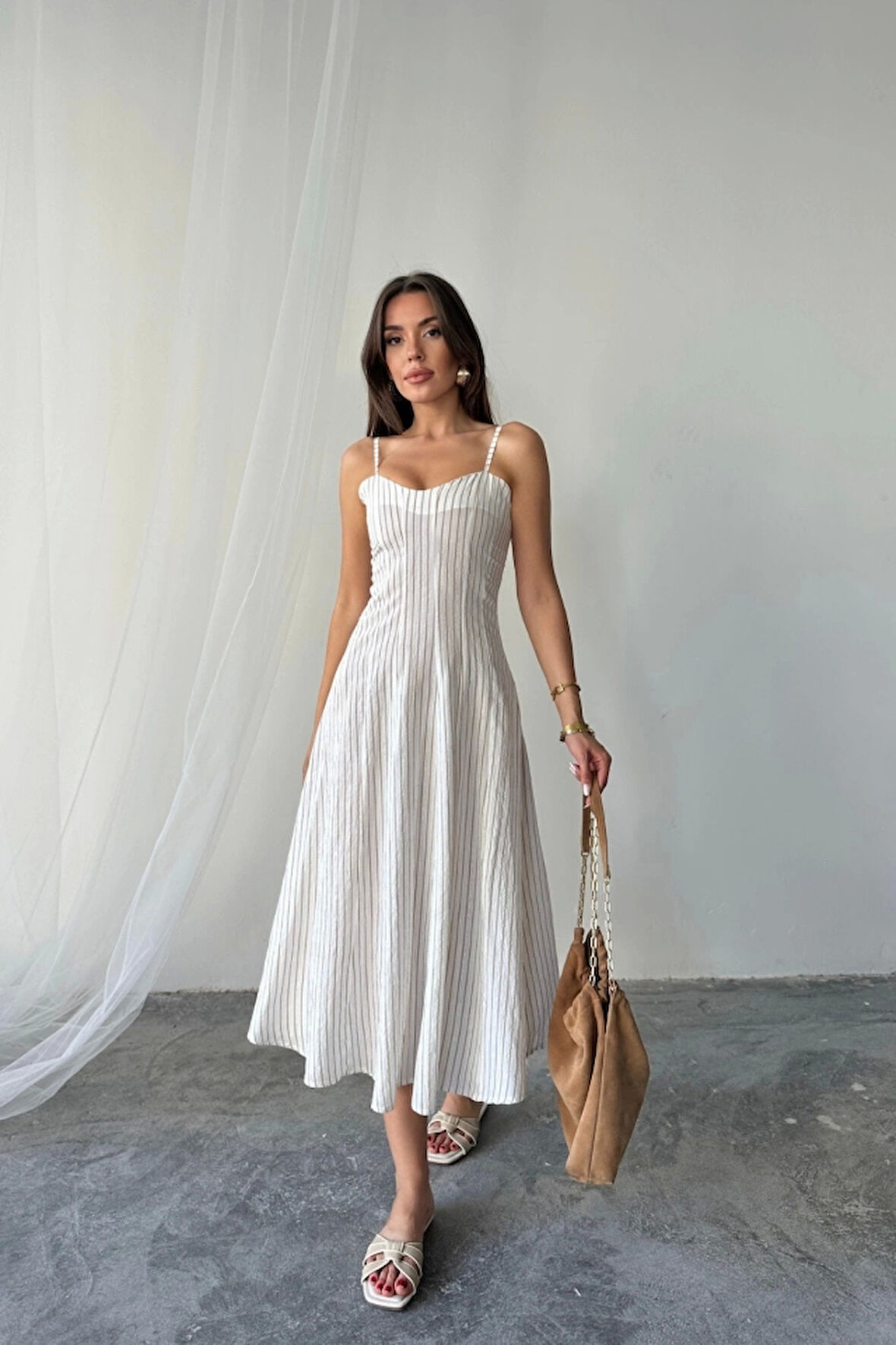 SİMLİ ÇİZGİLİ ASKILI ELBİSE MİDİ BOY - Kahverengi