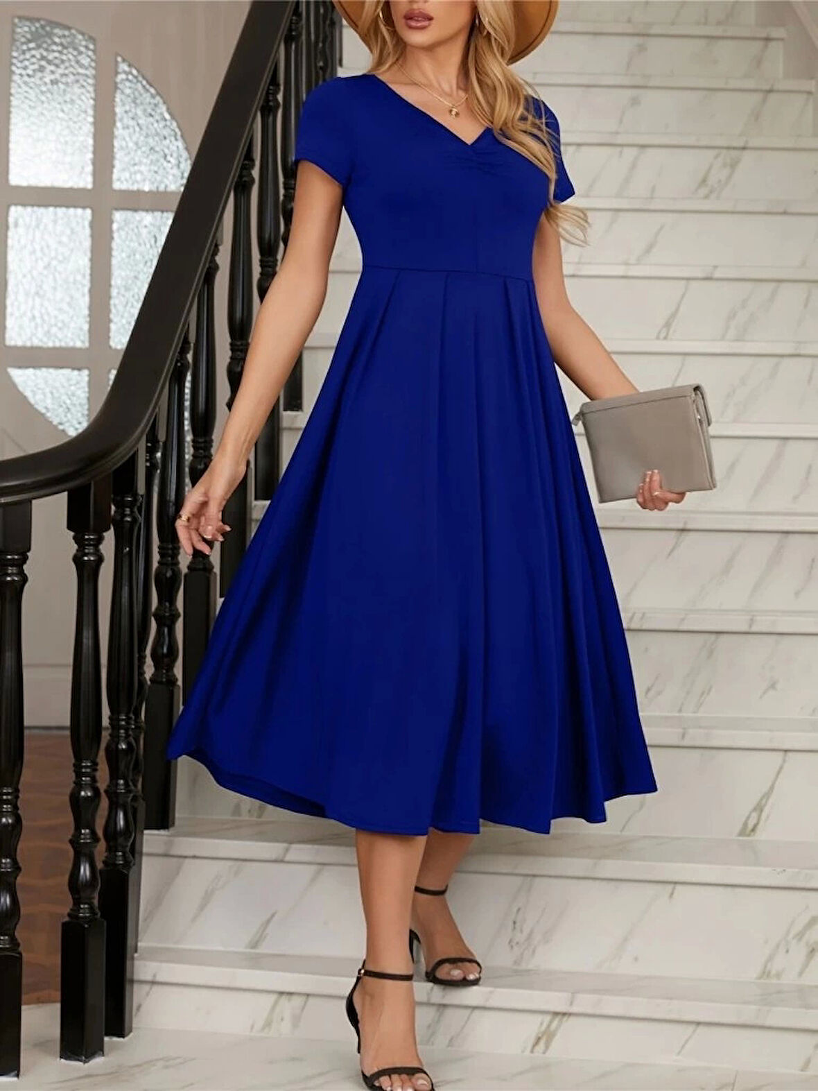 Kadın Kısa Kollu V Yakalı önden Pileli Midi Janjan Krep Elbise