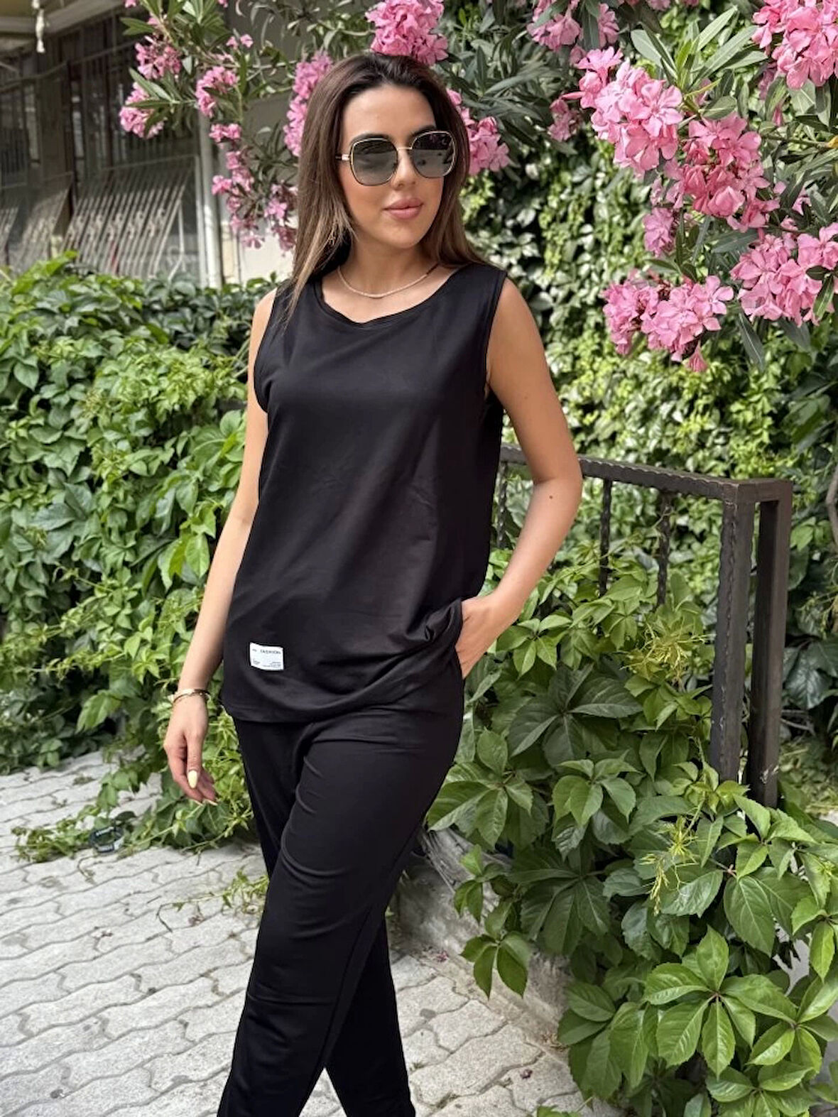 Kadın Askılı Yuvarlak Yaka Viskon Iki Iplik Bluz Ve Eşofman Altı Ikili Takım