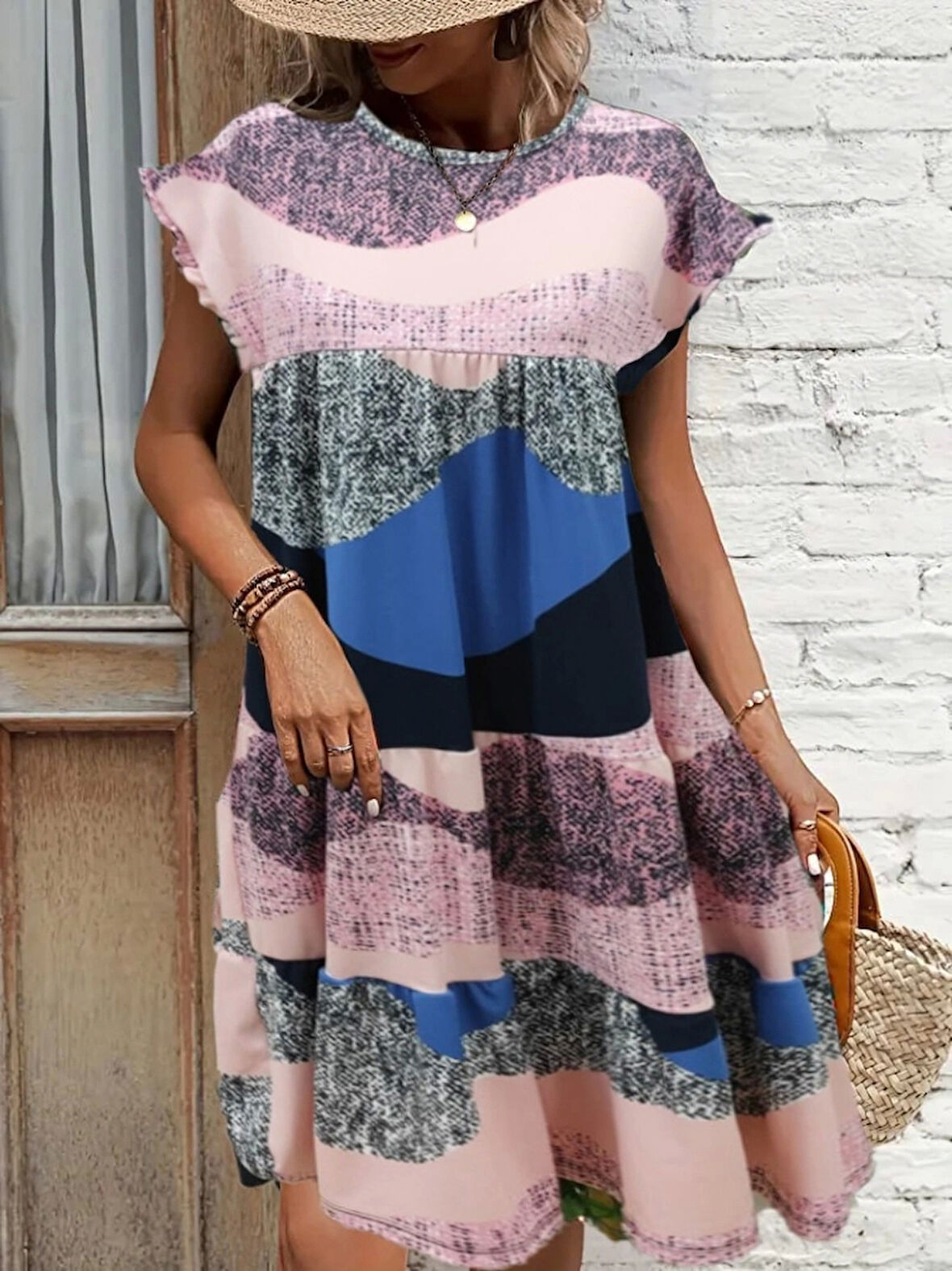 Kadın Kısa Kollu Bisiklet Yaka Kare Desenli Dalgıç Elbise