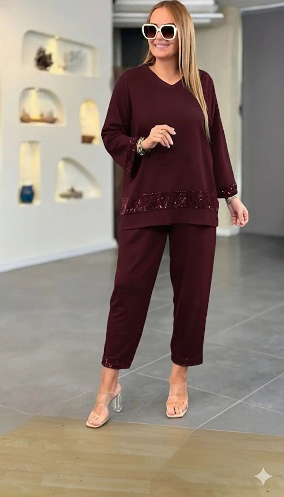 Kadın Uzun Kollu V Yakalı Pulpayet Viskon Iki Iplik Bluz Ve Pantolon Takım