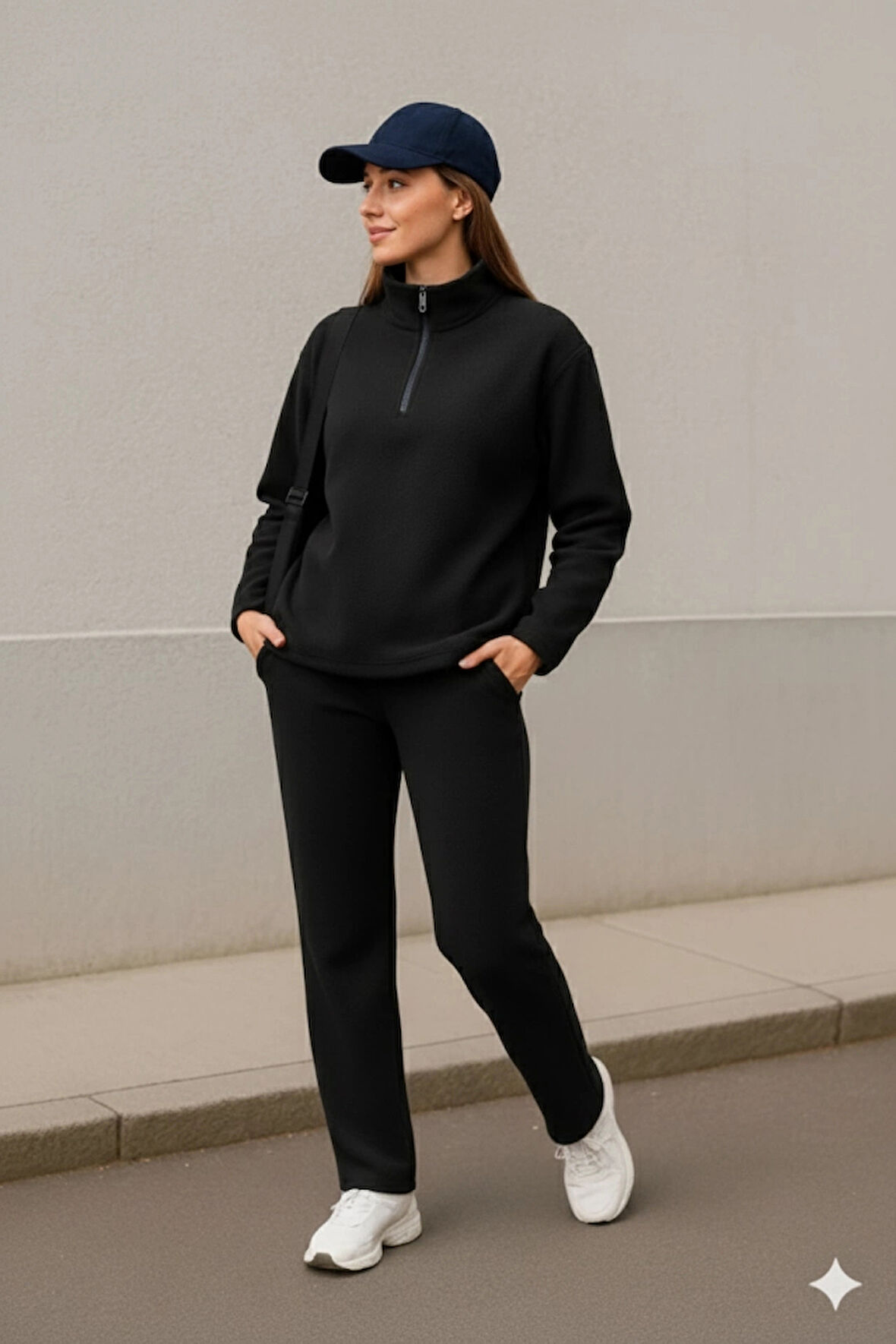 Kadın Balıkçı Yaka Fermuar Detay Polar Sweat Ve Pantolon Ikili Takım