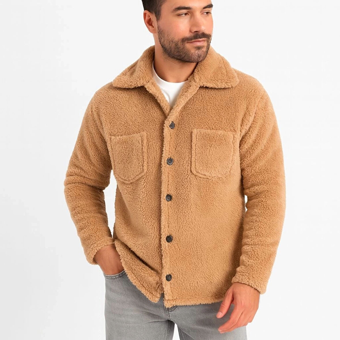Erkek Pelüş Polar Hırka Gömlek – Yakalı, İlik Düğmeli, Göğüs Cepli, Yumuşak Dokulu Kışlık Regular Fit Rahat Günlük Model - Açık Kahve