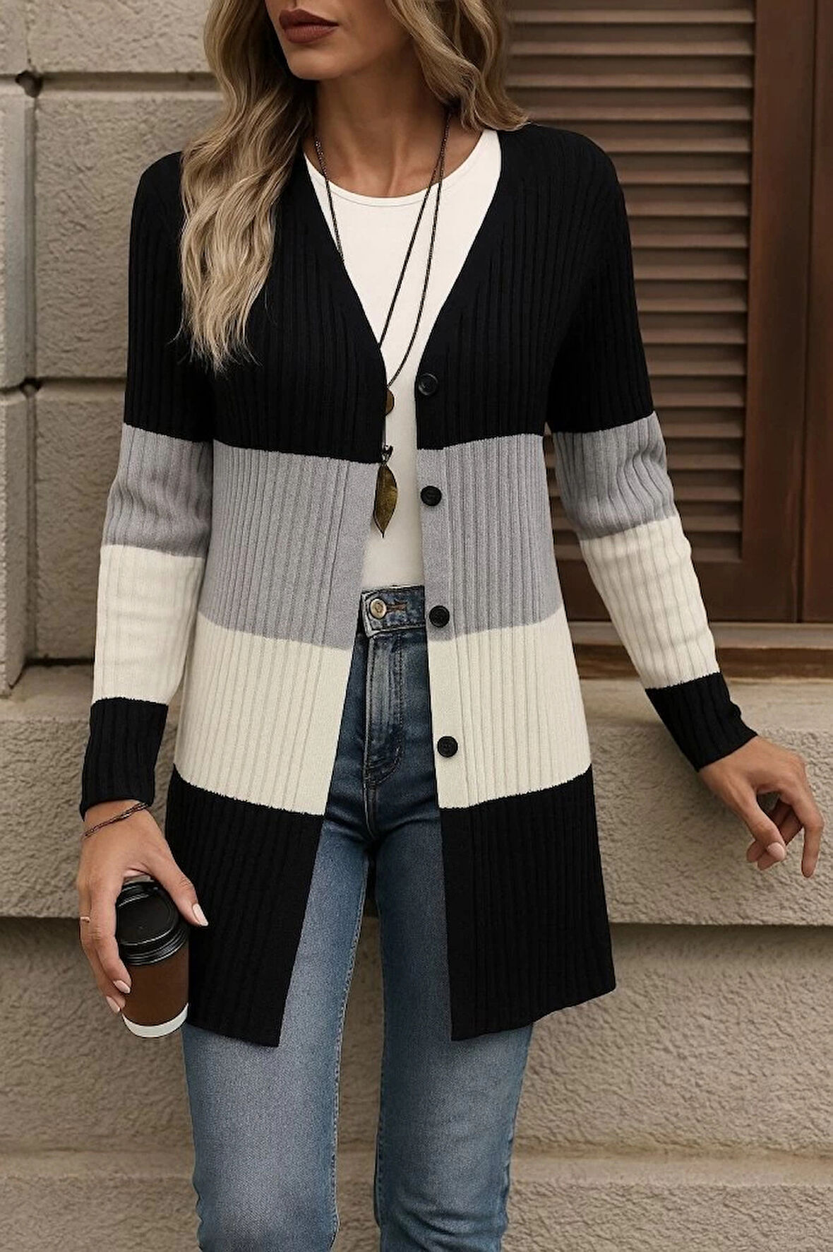 Kadın Uzun Kollu çok Renkli önden Düğmeli Uzun Ceket