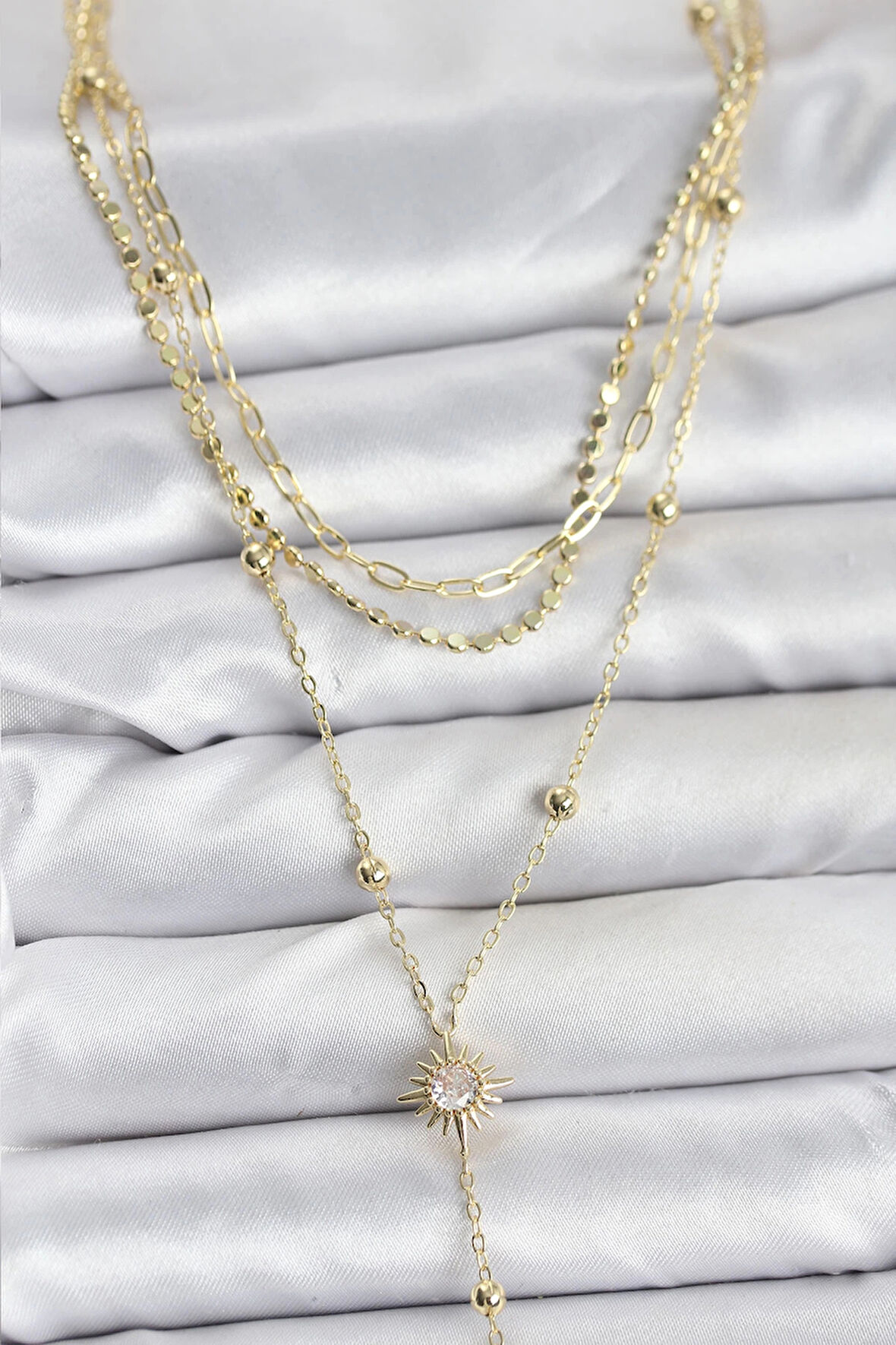 Pirinç Gold Renk Güneş Model Detaylı 3'lü Kombin Y Kadın Kolye