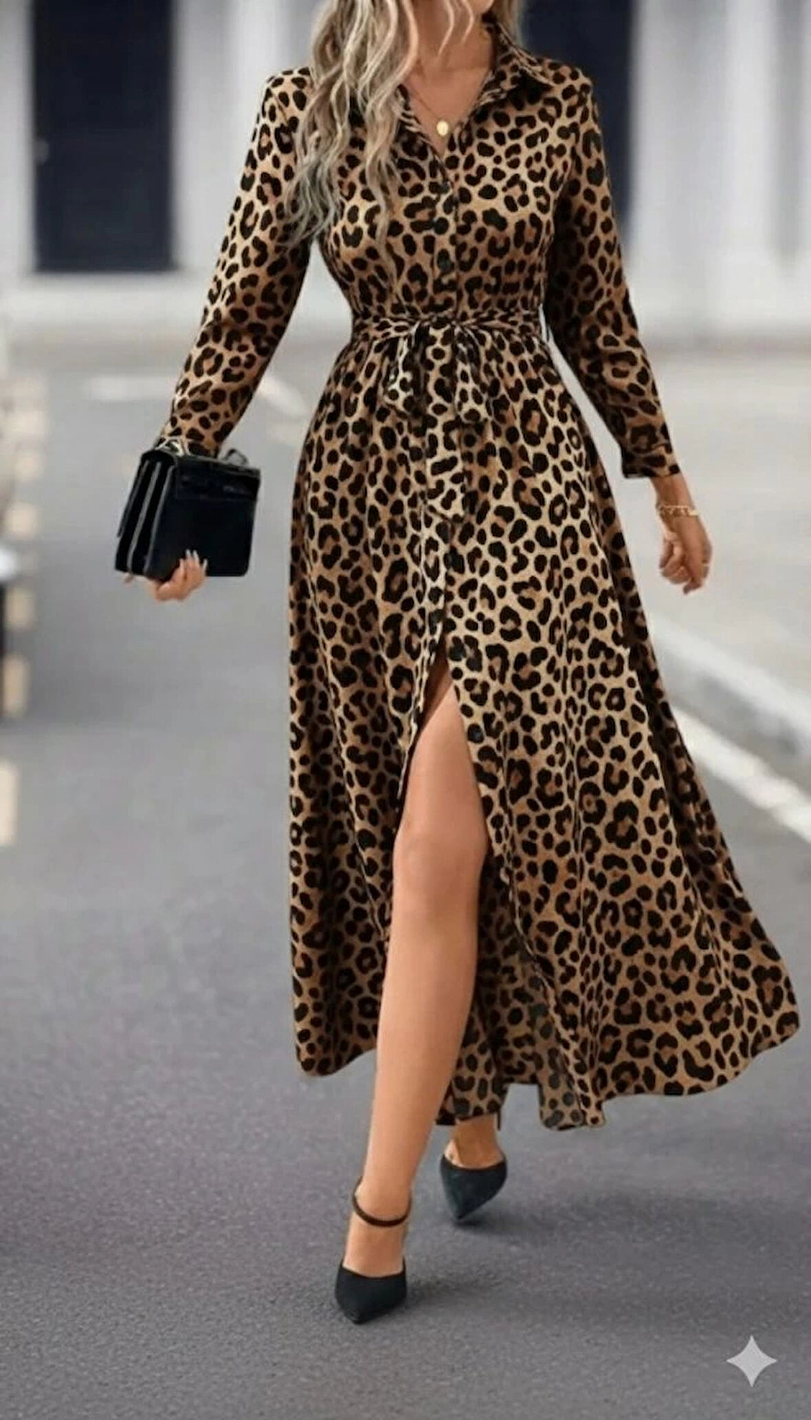 Kadın Uzun Kollu Yakalı Belden Kuşaklı Leopar Desenli Modal Uzun Elbise