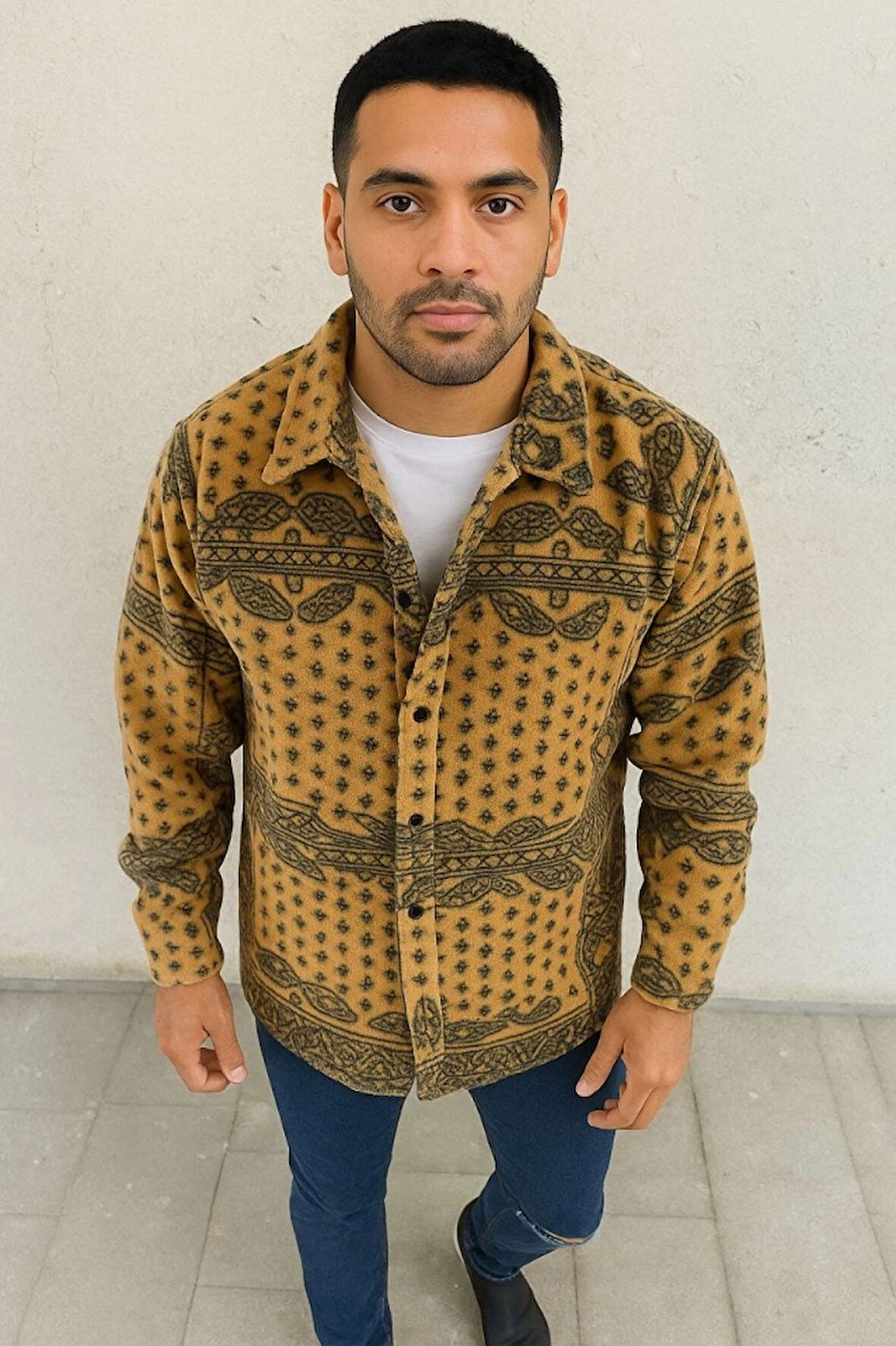 Erkek Polar Fermuarlı Sweatshirt – Kapüşonsuz, Cepli, Yumuşak Dokulu, Oversize Rahat Kalıp, Kışlık Sıcak Tutan Fermuarlı Üst - Sarı