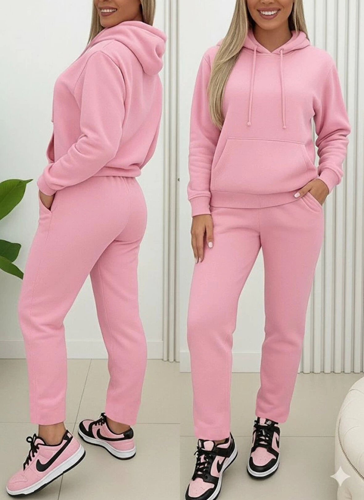 Kadın Uzun Kollu Kapşonlu Bağcıklı üç Iplik Bluz Ve Pantolon Ikili Takım