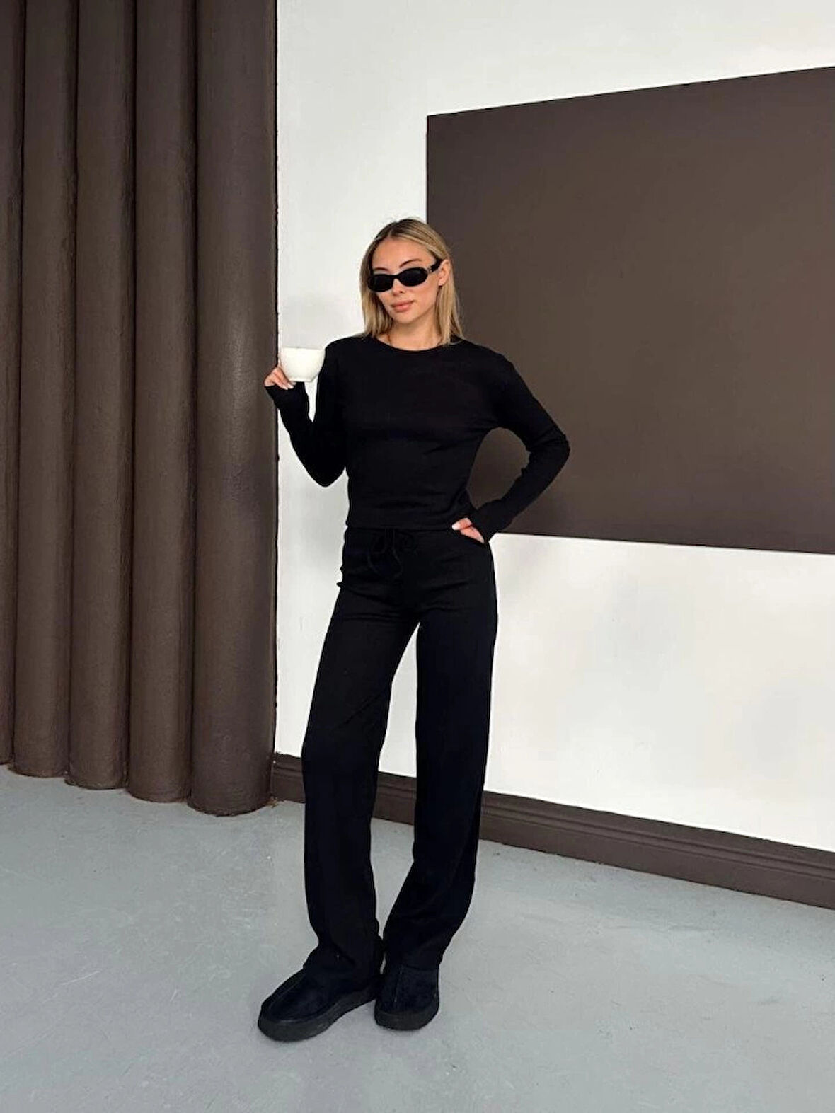 Kadın Bisiklet Yaka Parmak Geçme Detay Uzun Kollu Bluz Ve Pantolon Ikili Takım