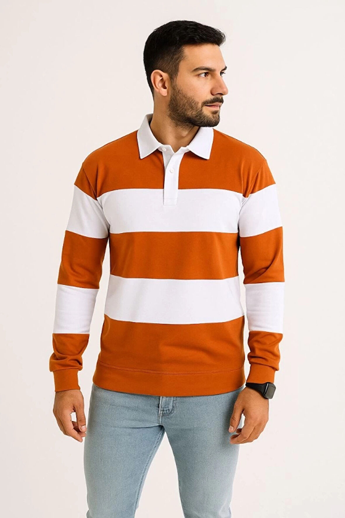 Erkek Polo Yaka Uzun Kollu Çizgili Sweatshirt Trend Rugby Stil - Turuncu