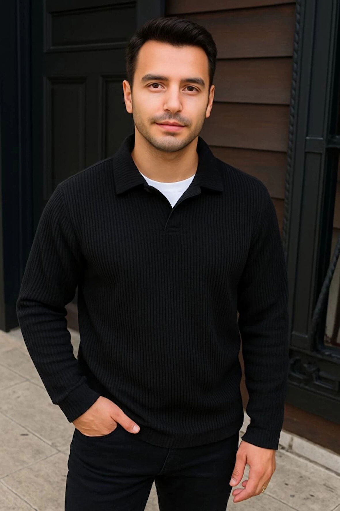 Erkek Fitilli Polar Sweatshirt – Düğmesiz Polo Yaka, Oversize Rahat Kalıp, Kalın Polar Kumaş, Kışlık Ve Baharlık Şık Günlük Üst - Siyah