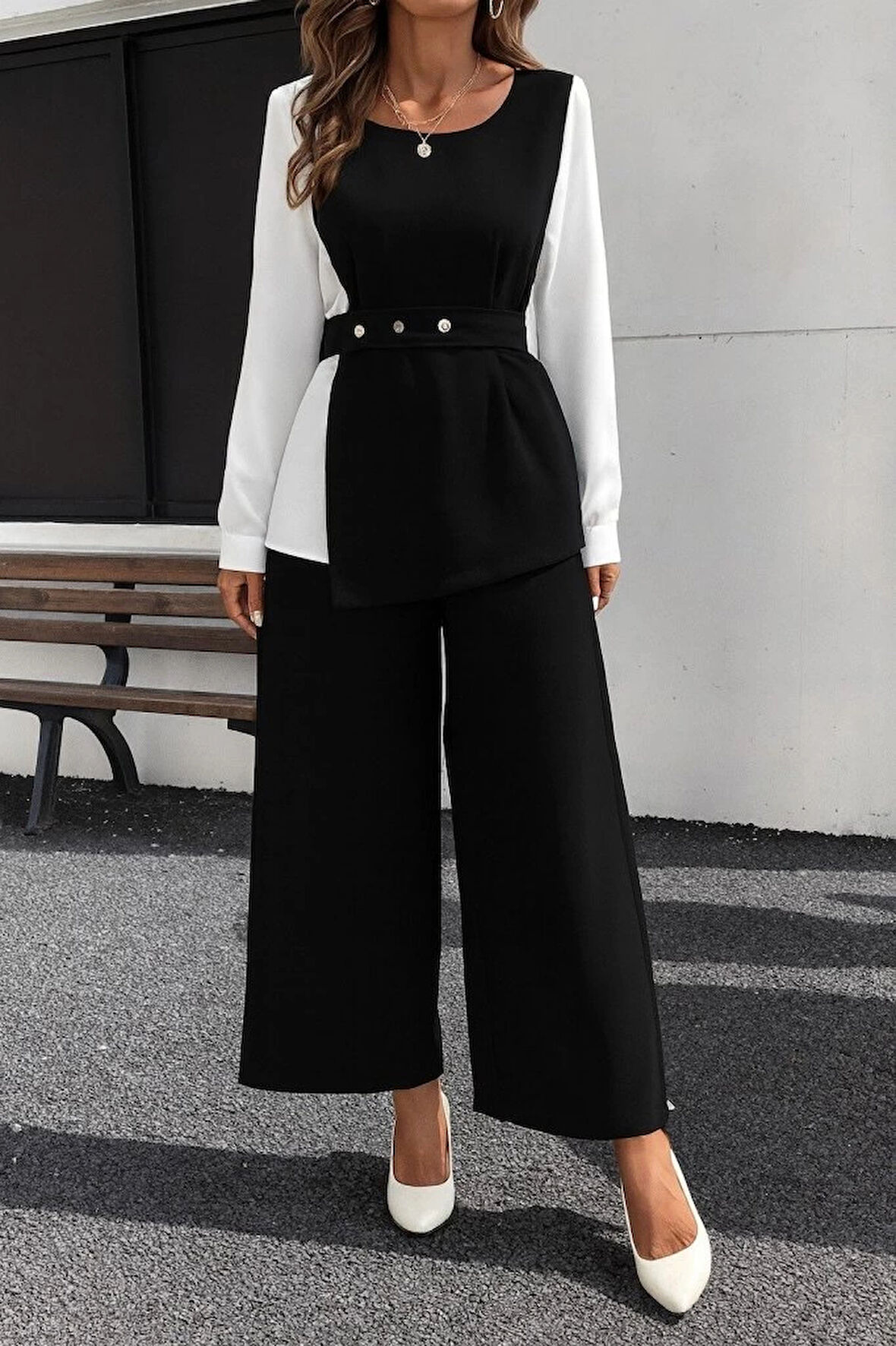 Kadın Uzun Kollu Açık Yakalı çift Renkli Kemerli Ithal Krep Ikili Takım