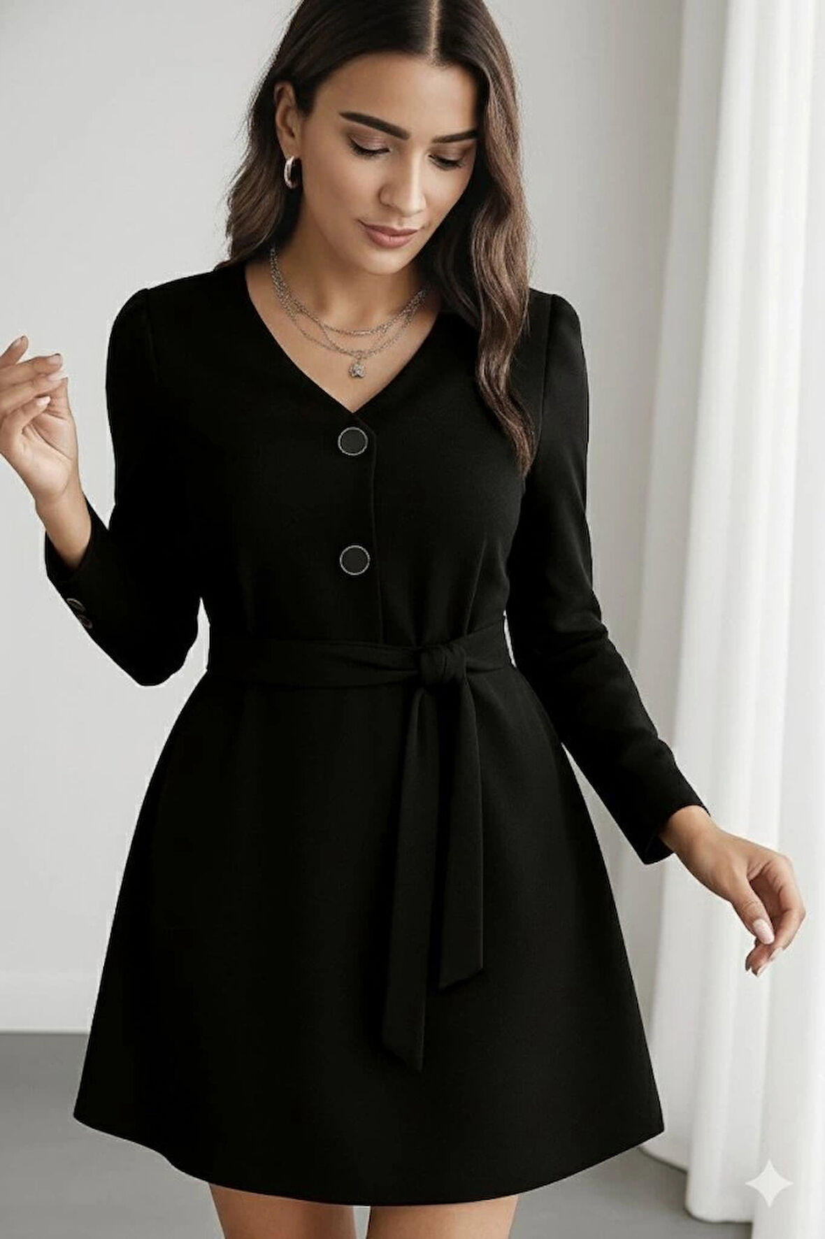 Kadın Uzun Kollu Düğme Detaylı Kendinden Kemerli Ithal Krep Elbise