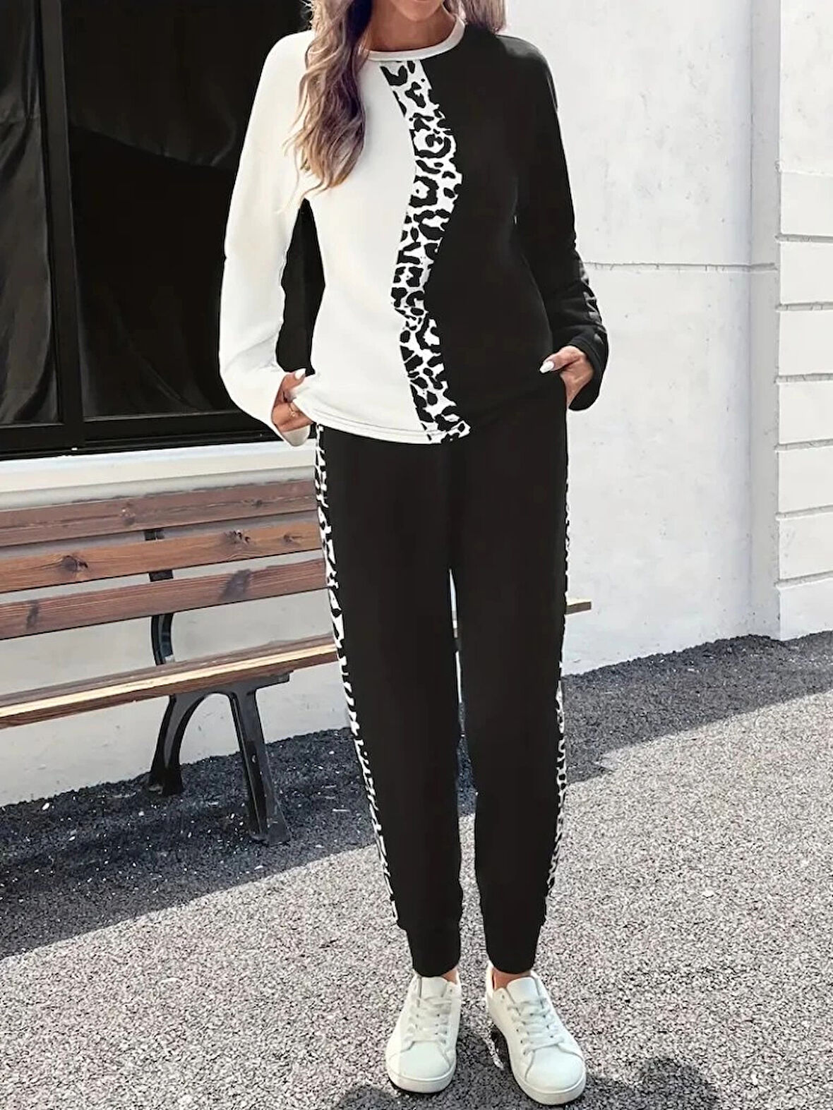 Kadın Uzun Kollu Bisiklet Yaka çift Renkli Viskon Iki Iplik Bluz Ve Pantolon Ikili Takım