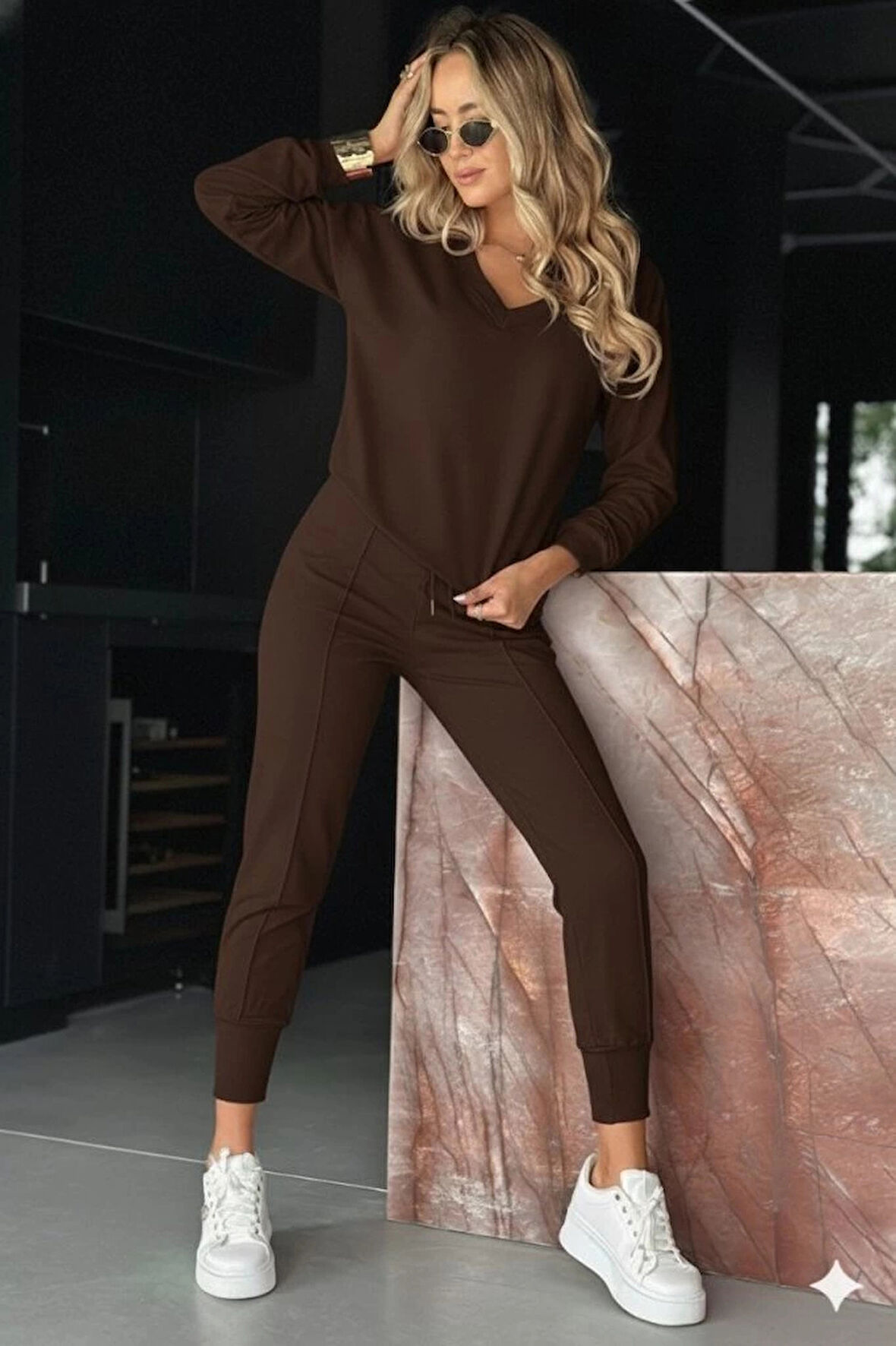 Kadın Uzun Kollu V Yakalı Viskon Iki Iplik Bluz Ve Pantolon Ikili Takım