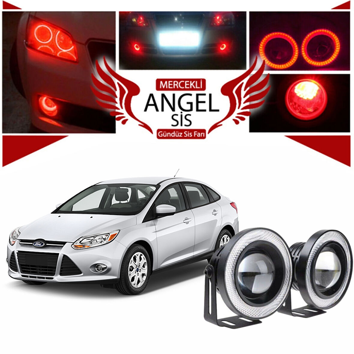 Ford Focus 3 Uyumlu, Universal Mercekli Led Angel Sis Farı, 76mm Kırmızı Renk