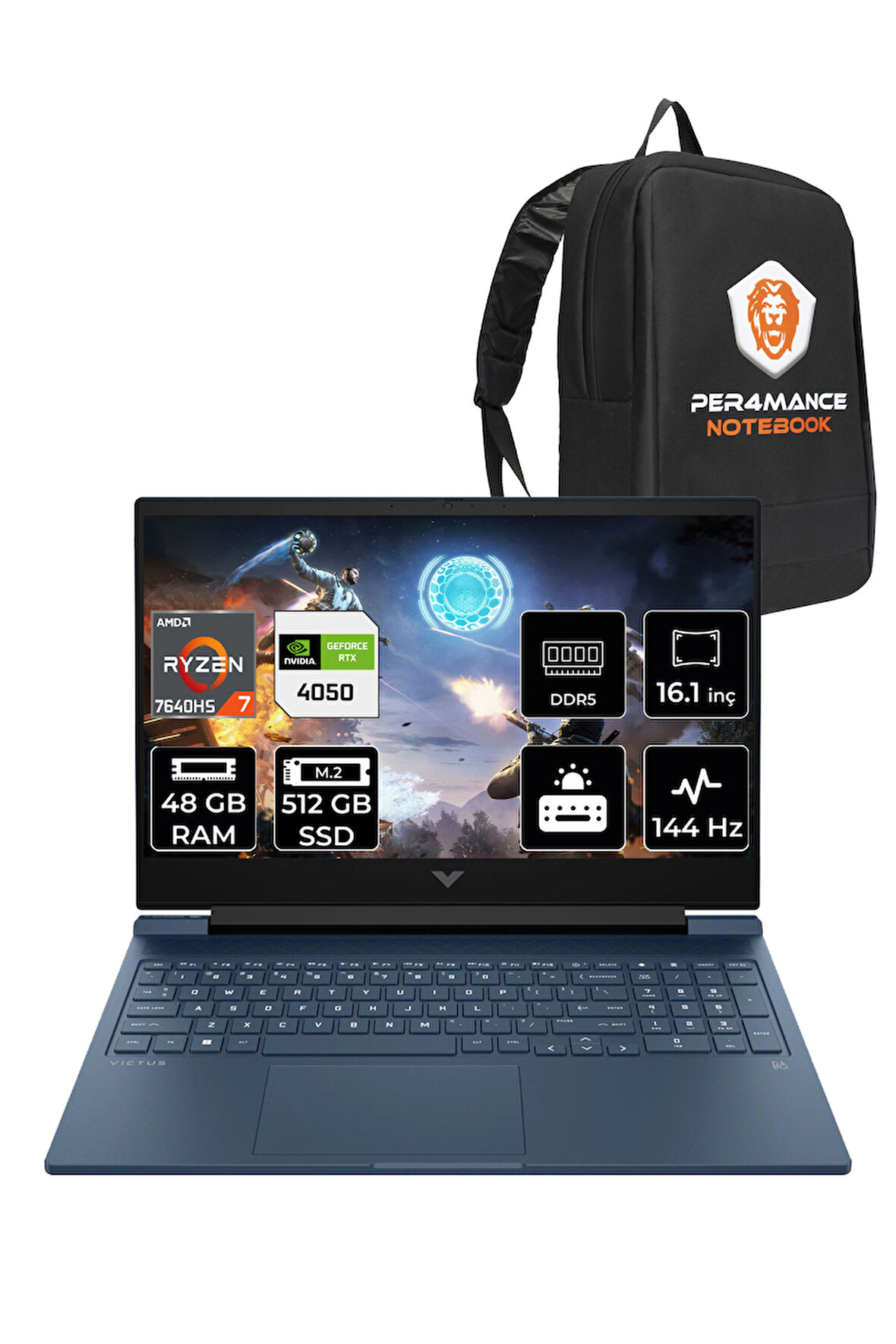 HP Victus 16 R7 7840HS 48GB RAM 512GB SSD RTX4050/6GB 144Hz 16.1'' FHD FDOS Gaming Laptop & PER4 ÇANTA