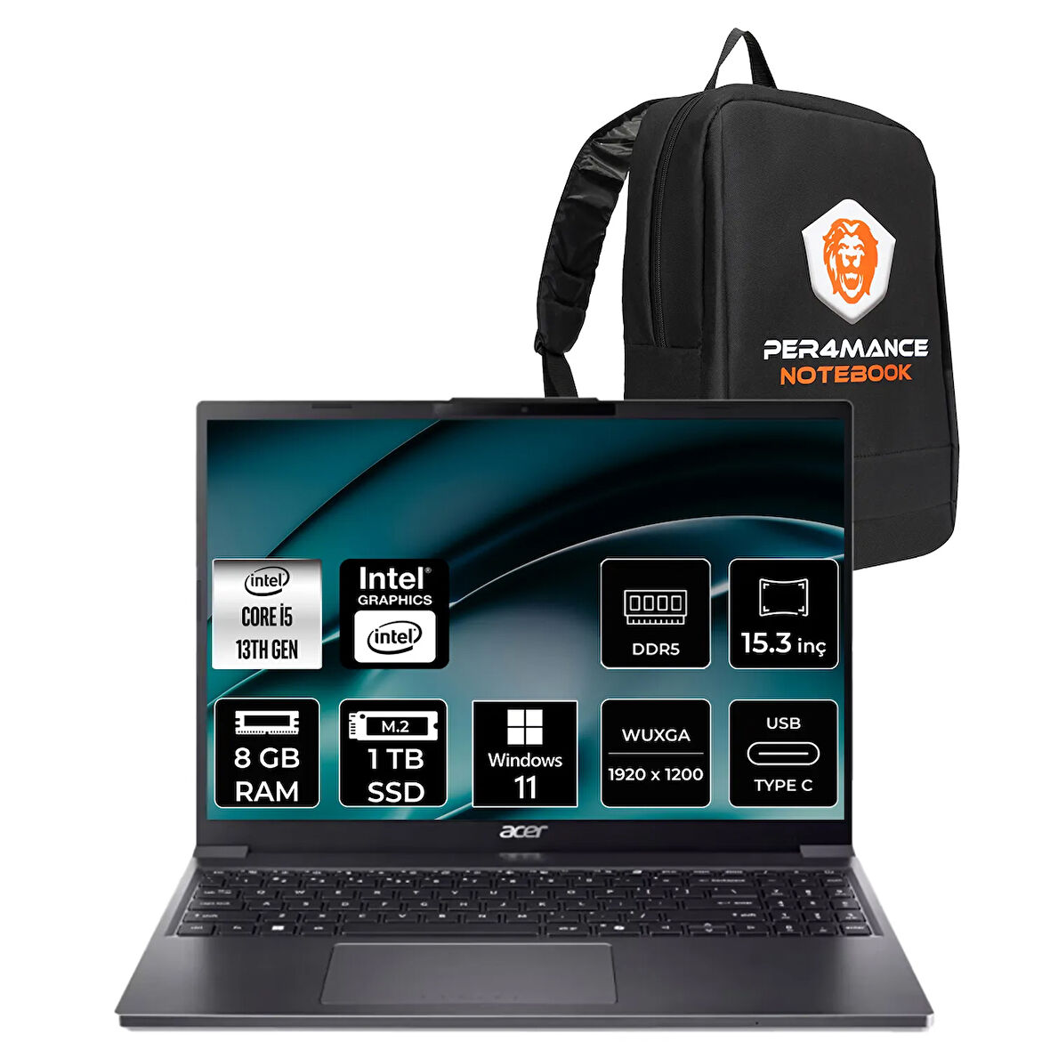 Acer Aspire Go 15 i5 1334U 8GB DDR5 1TB SSD 15.3" WUXGA W11H Dizüstü Bilgisayar & PER4 Çanta