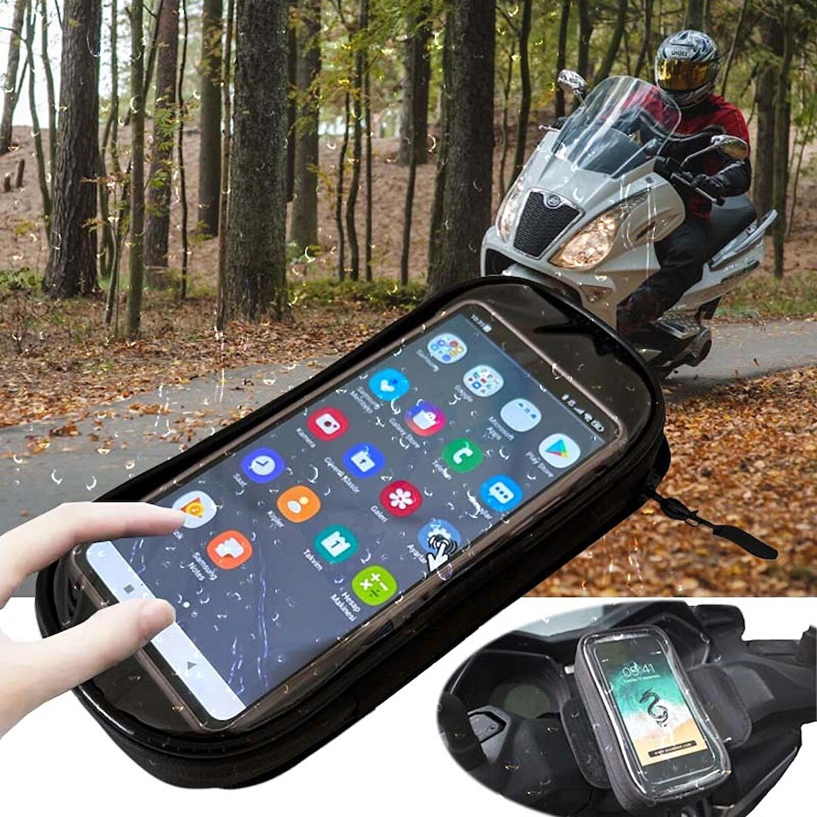 Motosiklet, Bisiklet ve Scooter Telefon Tutucu Sürücüsü Kol Ve Gidona Takılabilir Çantalı Telefon Tutucu 6,5"'e Kadar