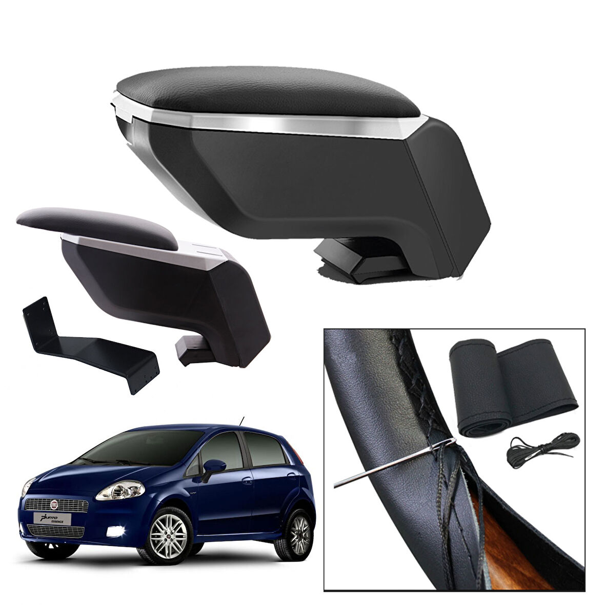 Lüks Set Fiat Grande Punto 2008 Delmesiz Çelik Ayaklı Gri-Siyah Kolçak Kol Dayama, Direksiyon Kılıfı