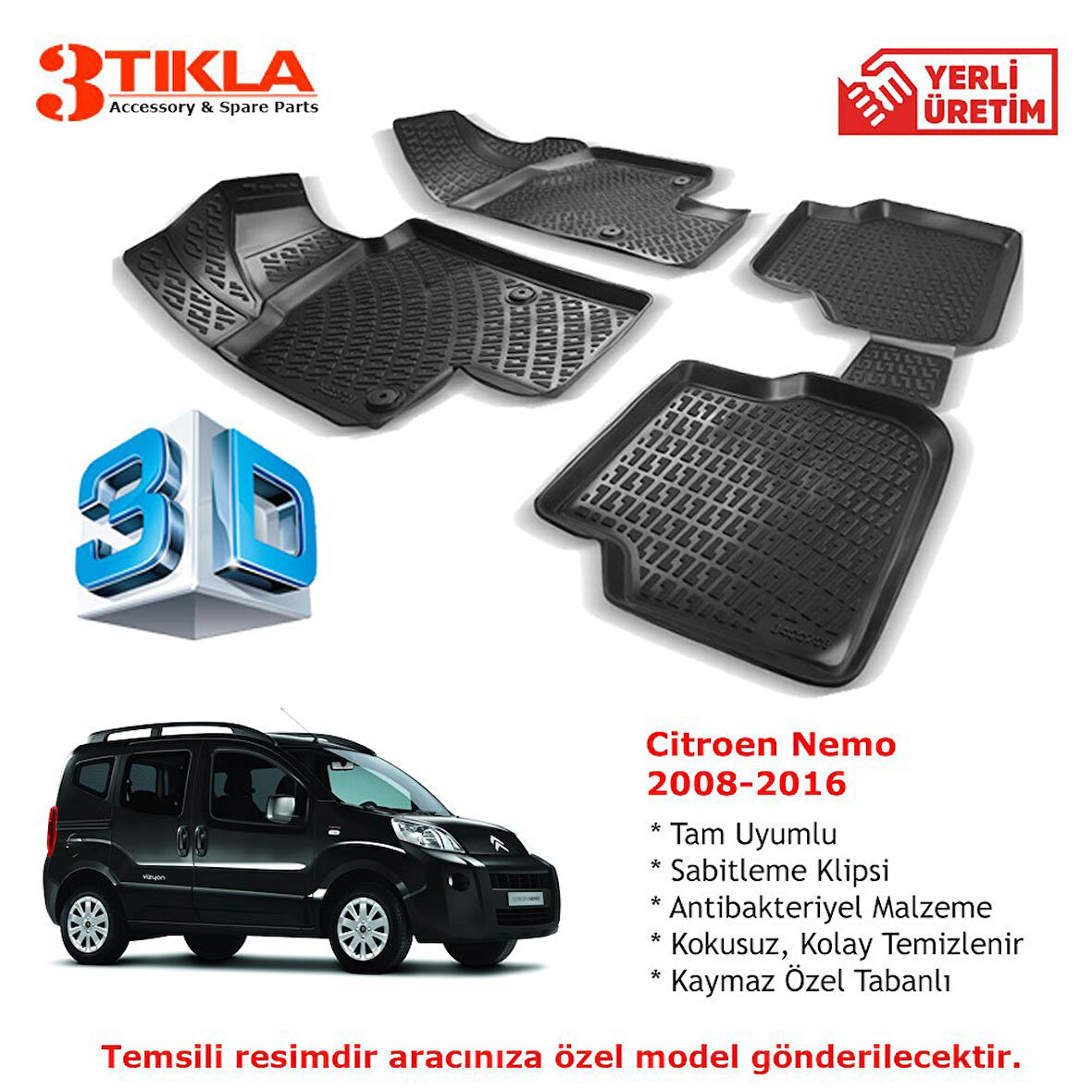 Citroen Nemo 2008-2016 Premium 3D Havuzlu Paspas Seti