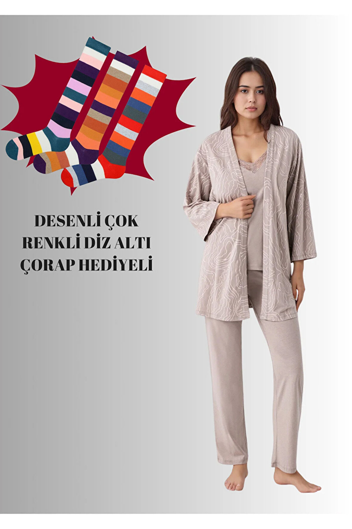 Kadın Modal Pamuklu Vizon Sabahlıklı Pijama Takımı Çorap Hediyeli QP9K0R9K9R