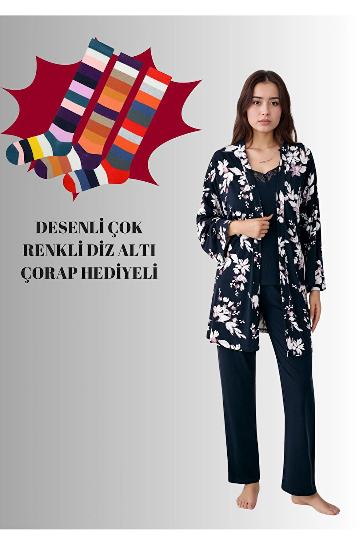 Kadın Modal Pamuklu Lacivert Sabahlıklı Pijama Takımı Çorap Hediyeli QP9K1R0K8R