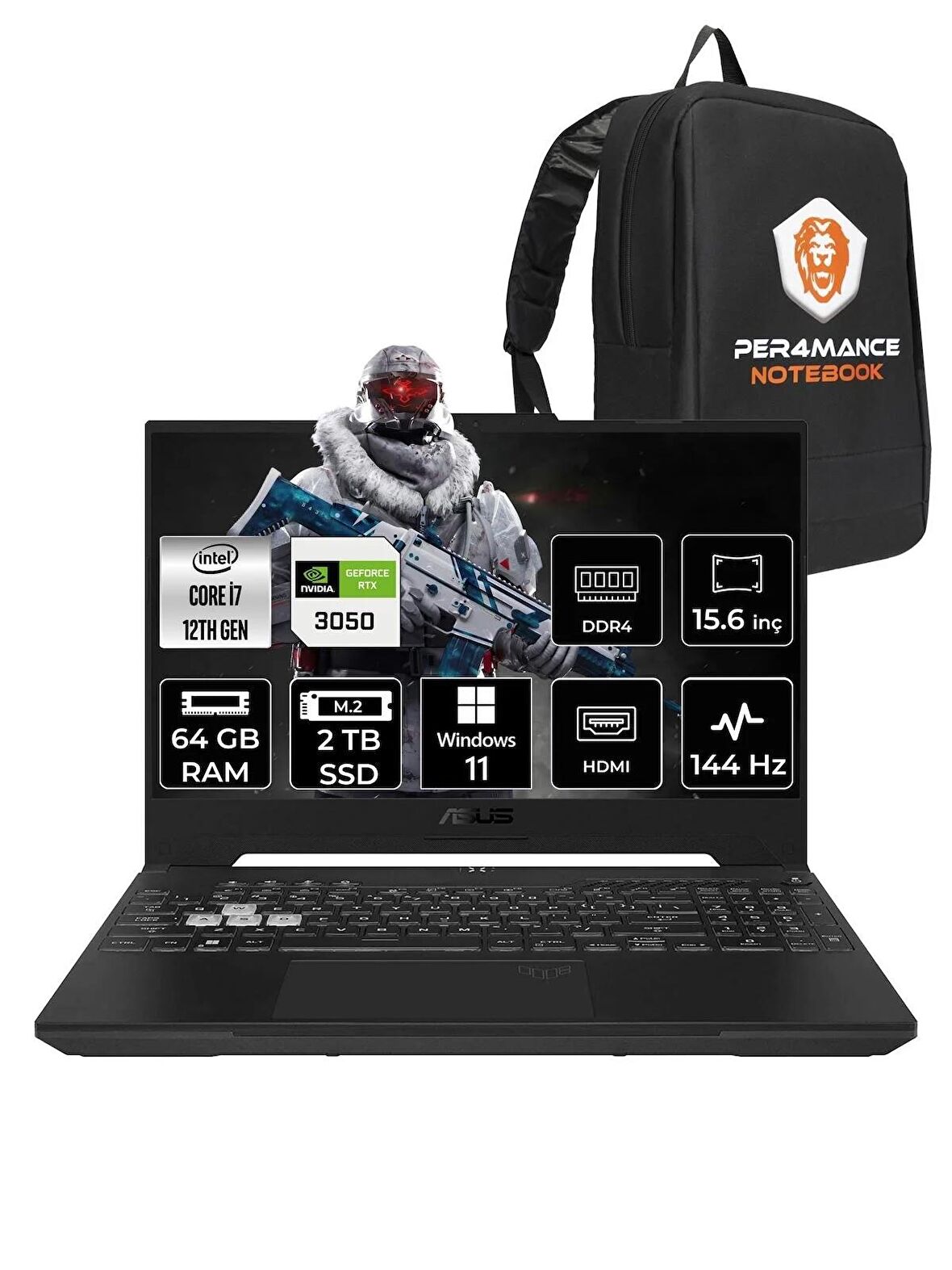 Asus TUF Gaming F15 i7-12700H 64GB 2TB SSD RTX3050/4GB 144Hz 15.6" FHD W11HOME HN008 & PER4 ÇANTA